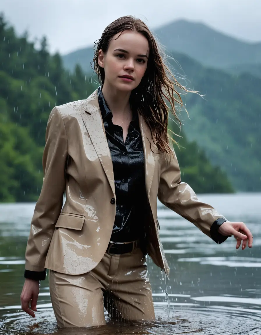 photo of young woman, in soaking wet, drenched clothes,
Beige Business Trouser, Beige Business Suit Jacket with Black button down long sleeve business Shirt, Clear deep Mountain Lake, heavy rain, 
enjoying, wet clothes stuck to body,
detailed textures of the wet clothes, wet face, wet plastered hair,
wet, drenched, professional, high-quality details, full body view.
sharp focus, ultra-high pixel detail, realistic, high-quality, full colors, incredibly detailed, 4k, 8k, 16k, hyper-realistic, RAW photo, masterpiece, ultra-detailed, professionally color graded, professional photograph, Danielle Panabaker, completely soaked, fully drenched, completely wet, wetlook, heavy rain, side parting, open hair, long hair, rain storm