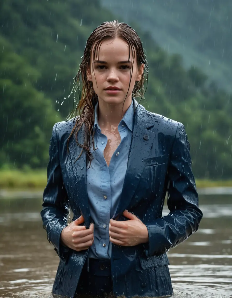 photo of young woman, in soaking wet, drenched clothes,
Dark Blue Business Trouser, Dark Blue Business Suit Jacket with light Blue button down long sleeve business Shirt, Clear deep Mountain Lake, heavy rain, 
enjoying, wet clothes stuck to body,
detailed textures of the wet clothes, wet face, wet plastered hair,
wet, drenched, professional, high-quality details, full body view.
sharp focus, ultra-high pixel detail, realistic, high-quality, full colors, incredibly detailed, 4k, 8k, 16k, hyper-realistic, RAW photo, masterpiece, ultra-detailed, professionally color graded, professional photograph, Danielle Panabaker, completely soaked, fully drenched, completely wet, wetlook, heavy rain, side parting, open hair, long hair, rain storm