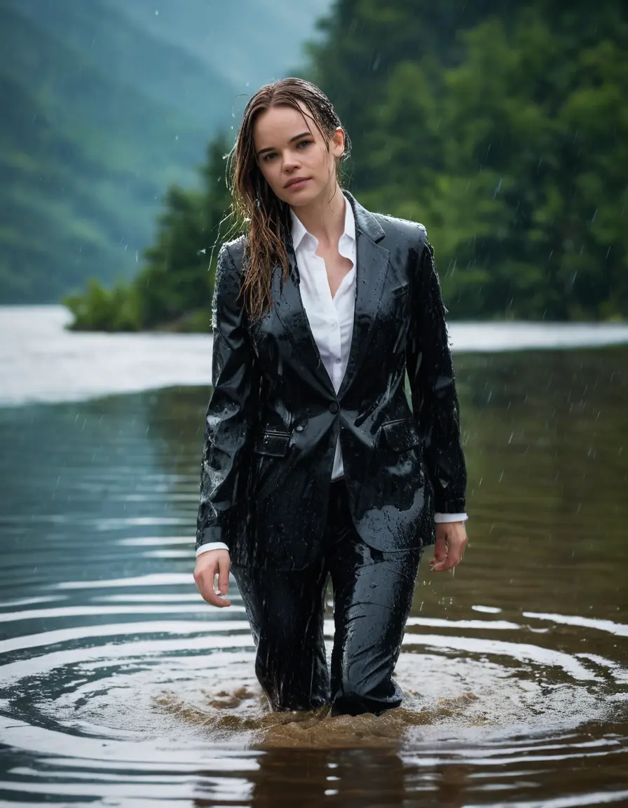 photo of young woman, in soaking wet, drenched clothes,
Black Business Trouser, Black Business Suit Jacket with white button down long sleeve business Shirt, Clear deep Mountain Lake, heavy rain, 
enjoying, wet clothes stuck to body,
detailed textures of the wet clothes, wet face, wet plastered hair,
wet, drenched, professional, high-quality details, full body view.
sharp focus, ultra-high pixel detail, realistic, high-quality, full colors, incredibly detailed, 4k, 8k, 16k, hyper-realistic, RAW photo, masterpiece, ultra-detailed, professionally color graded, professional photograph, Danielle Panabaker, completely soaked, fully drenched, completely wet, wetlook, heavy rain, side parting, open hair, long hair, rain storm