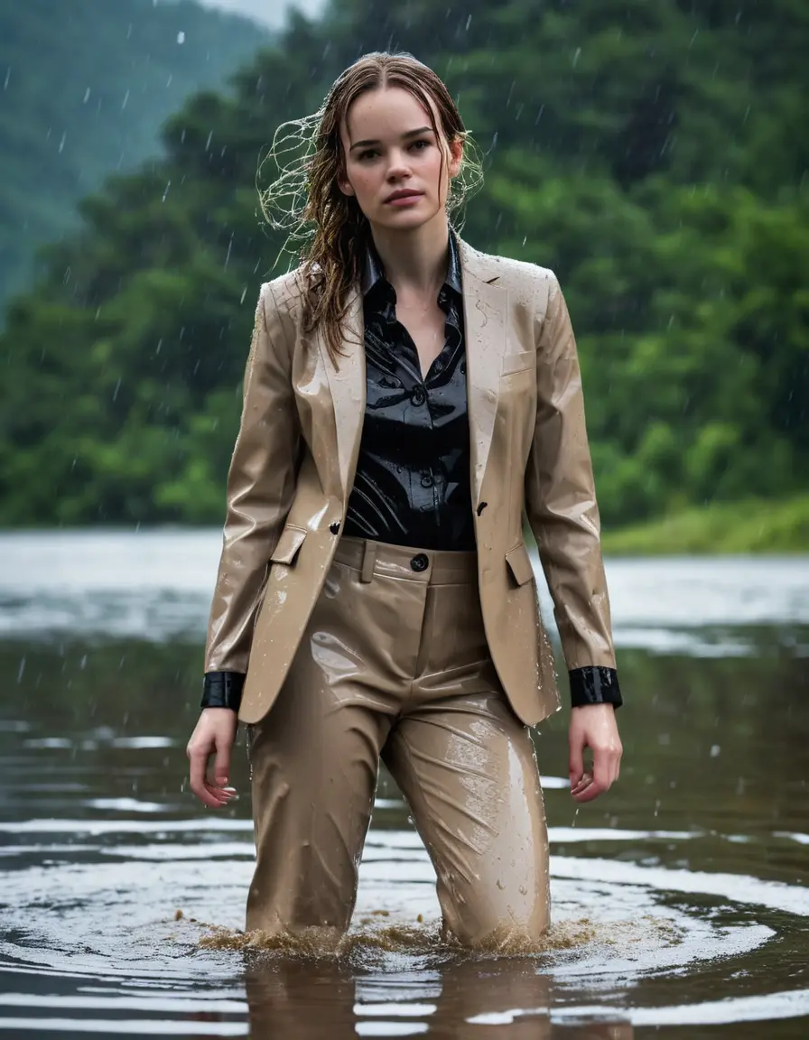 photo of young woman, in soaking wet, drenched clothes,
Beige Business Trouser, Beige Business Suit Jacket with Black button down long sleeve business Shirt, Clear deep Mountain Lake, heavy rain, 
enjoying, wet clothes stuck to body,
detailed textures of the wet clothes, wet face, wet plastered hair,
wet, drenched, professional, high-quality details, full body view.
sharp focus, ultra-high pixel detail, realistic, high-quality, full colors, incredibly detailed, 4k, 8k, 16k, hyper-realistic, RAW photo, masterpiece, ultra-detailed, professionally color graded, professional photograph, Danielle Panabaker, completely soaked, fully drenched, completely wet, wetlook, heavy rain, side parting, open hair, long hair, rain storm