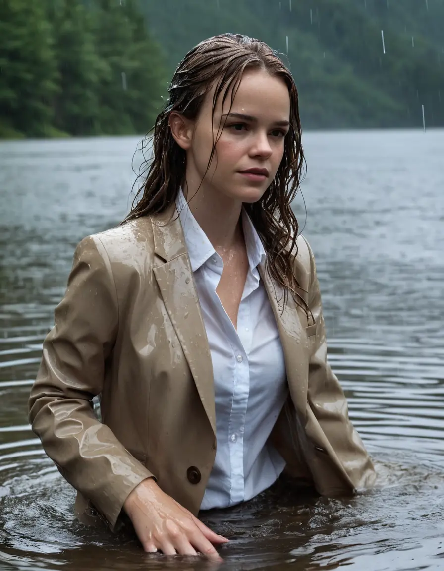 photo of young woman, in soaking wet, drenched clothes,
Beige Business Trouser, Beige Business Suit Jacket with white button down long sleeve business Shirt, Clear deep Mountain Lake, heavy rain, 
enjoying, wet clothes stuck to body,
detailed textures of the wet clothes, wet face, wet plastered hair,
wet, drenched, professional, high-quality details, full body view.
sharp focus, ultra-high pixel detail, realistic, high-quality, full colors, incredibly detailed, 4k, 8k, 16k, hyper-realistic, RAW photo, masterpiece, ultra-detailed, professionally color graded, professional photograph, Danielle Panabaker, completely soaked, fully drenched, completely wet, wetlook, heavy rain, side parting, open hair, long hair, rain storm