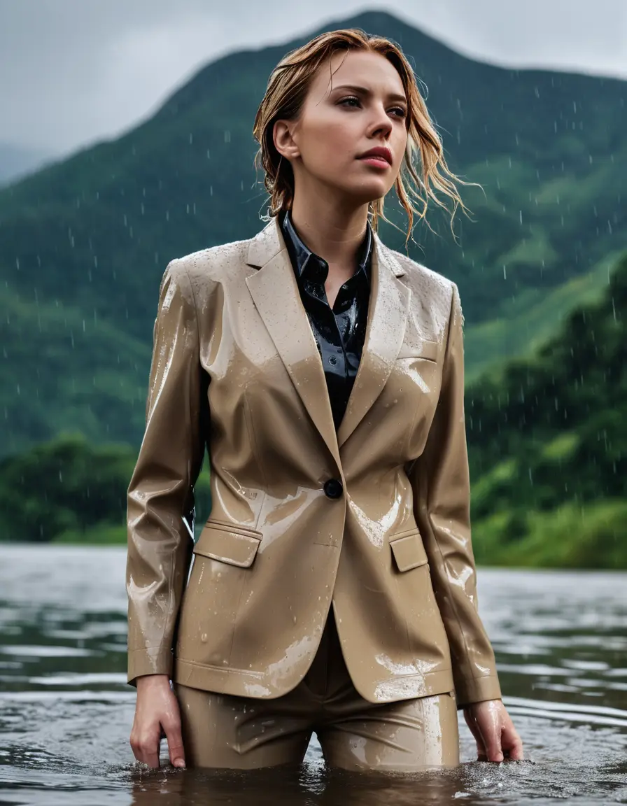 photo of young woman, in soaking wet, drenched clothes,
Beige Business Trouser, Beige Business Suit Jacket with Black button down long sleeve business Shirt, Clear deep Mountain Lake, heavy rain, 
enjoying, wet clothes stuck to body,
detailed textures of the wet clothes, wet face, wet plastered hair,
wet, drenched, professional, high-quality details, full body view.
sharp focus, ultra-high pixel detail, realistic, high-quality, full colors, incredibly detailed, 4k, 8k, 16k, hyper-realistic, RAW photo, masterpiece, ultra-detailed, professionally color graded, professional photograph, Scarlett Johansson, completely soaked, fully drenched, completely wet, wetlook, heavy rain, side parting, open hair, rain storm, heavy rain
