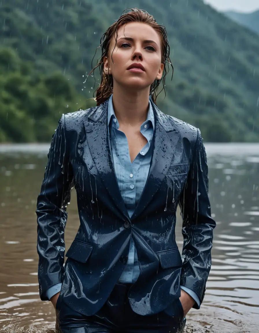photo of young woman, in soaking wet, drenched clothes,
Dark Blue Business Trouser, Dark Blue Business Suit Jacket with Light Blue button down long sleeve business Shirt, Clear deep Mountain Lake, heavy rain, 
enjoying, wet clothes stuck to body,
detailed textures of the wet clothes, wet face, wet plastered hair,
wet, drenched, professional, high-quality details, full body view.
sharp focus, ultra-high pixel detail, realistic, high-quality, full colors, incredibly detailed, 4k, 8k, 16k, hyper-realistic, RAW photo, masterpiece, ultra-detailed, professionally color graded, professional photograph, Scarlett Johansson, completely soaked, fully drenched, completely wet, wetlook, heavy rain, side parting, open hair, long hair, rain storm