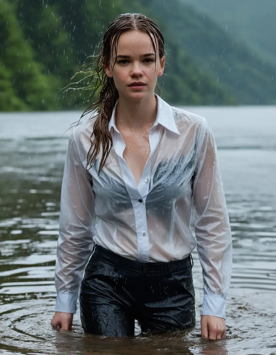 photo of young woman, in soaking wet, drenched clothes,
Black Business Trouser, Black Business Suit Jacket with white button down long sleeve business Shirt, Clear deep Mountain Lake, heavy rain, 
enjoying, wet clothes stuck to body,
detailed textures of the wet clothes, wet face, wet plastered hair,
wet, drenched, professional, high-quality details, full body view.
sharp focus, ultra-high pixel detail, realistic, high-quality, full colors, incredibly detailed, 4k, 8k, 16k, hyper-realistic, RAW photo, masterpiece, ultra-detailed, professionally color graded, professional photograph, Danielle Panabaker, completely soaked, fully drenched, completely wet, wetlook, heavy rain, side parting, open hair, long hair, rain storm