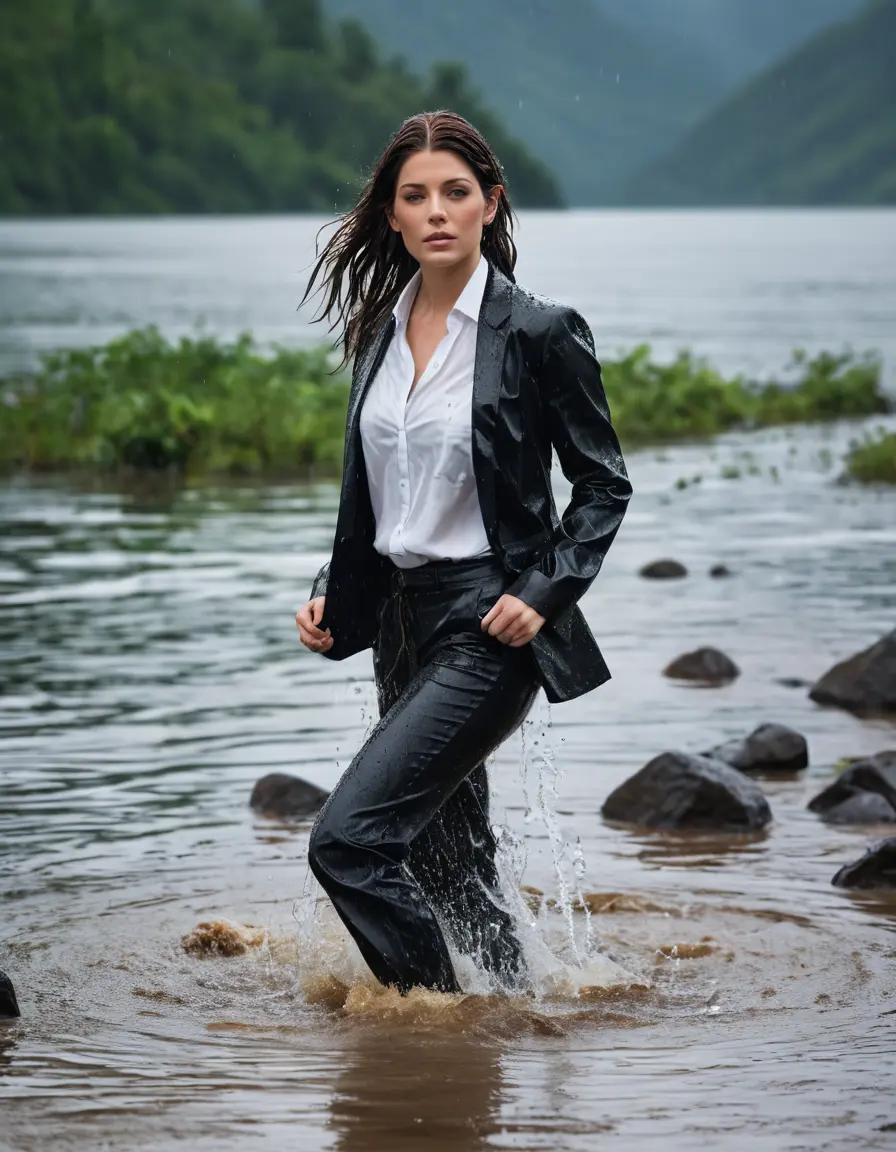 photo of young woman, in soaking wet, drenched clothes,
Black Business Trouser, Black Business Suit Jacket with white button down long sleeve business Shirt, Clear deep Mountain Lake, heavy rain, 
enjoying, wet clothes stuck to body,
detailed textures of the wet clothes, wet face, wet plastered hair,
wet, drenched, professional, high-quality details, full body view.
sharp focus, ultra-high pixel detail, realistic, high-quality, full colors, incredibly detailed, 4k, 8k, 16k, hyper-realistic, RAW photo, masterpiece, ultra-detailed, professionally color graded, professional photograph, Ashley Greene, completely soaked, fully drenched, completely wet, wetlook, heavy rain, side parting, open hair, long hair, rain storm