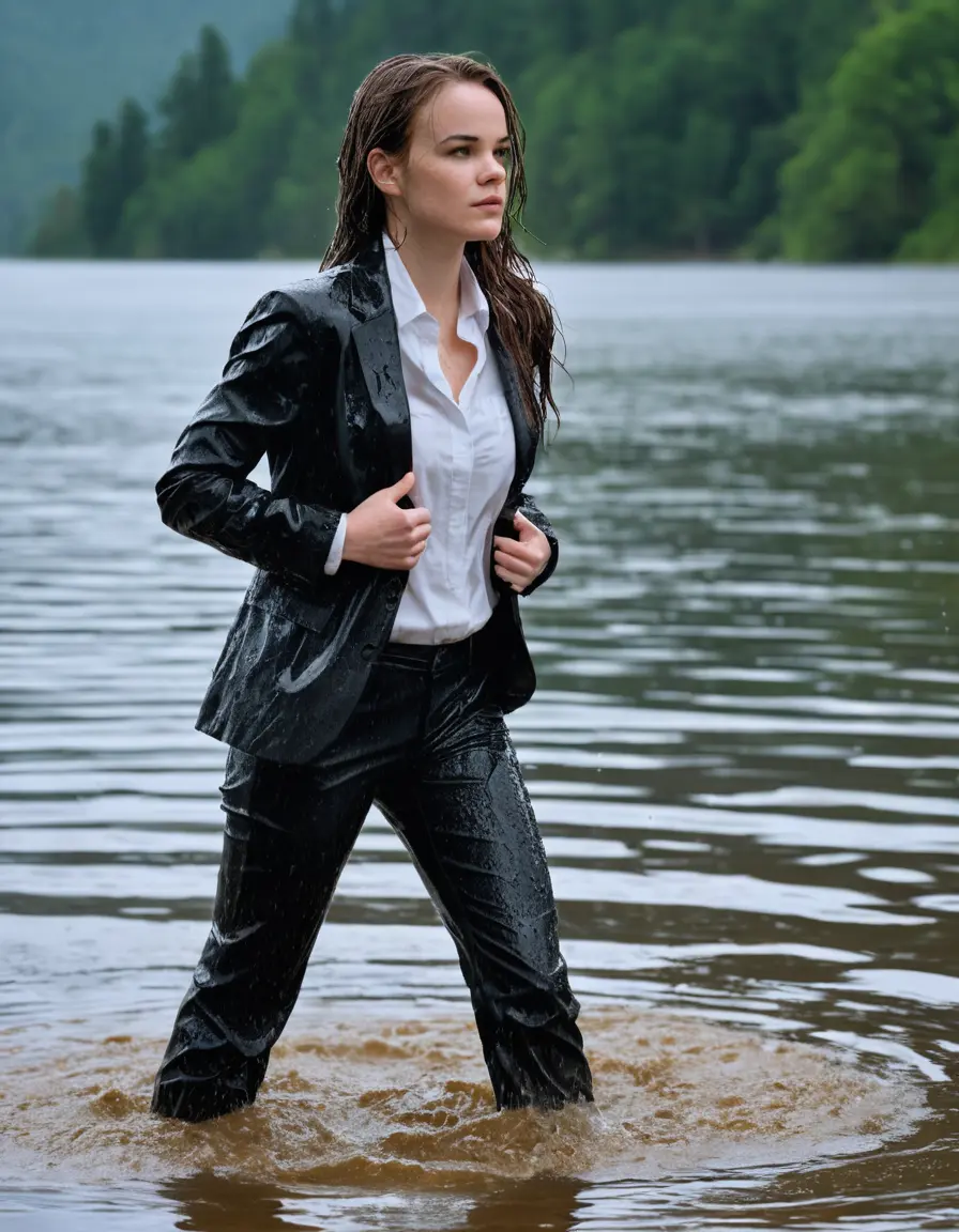 photo of young woman, in soaking wet, drenched clothes,
Black Business Trouser, Black Business Suit Jacket with white button down long sleeve business Shirt, Clear deep Mountain Lake, heavy rain, 
enjoying, wet clothes stuck to body,
detailed textures of the wet clothes, wet face, wet plastered hair,
wet, drenched, professional, high-quality details, full body view.
sharp focus, ultra-high pixel detail, realistic, high-quality, full colors, incredibly detailed, 4k, 8k, 16k, hyper-realistic, RAW photo, masterpiece, ultra-detailed, professionally color graded, professional photograph, Danielle Panabaker, completely soaked, fully drenched, completely wet, wetlook, heavy rain, side parting, open hair, long hair, rain storm