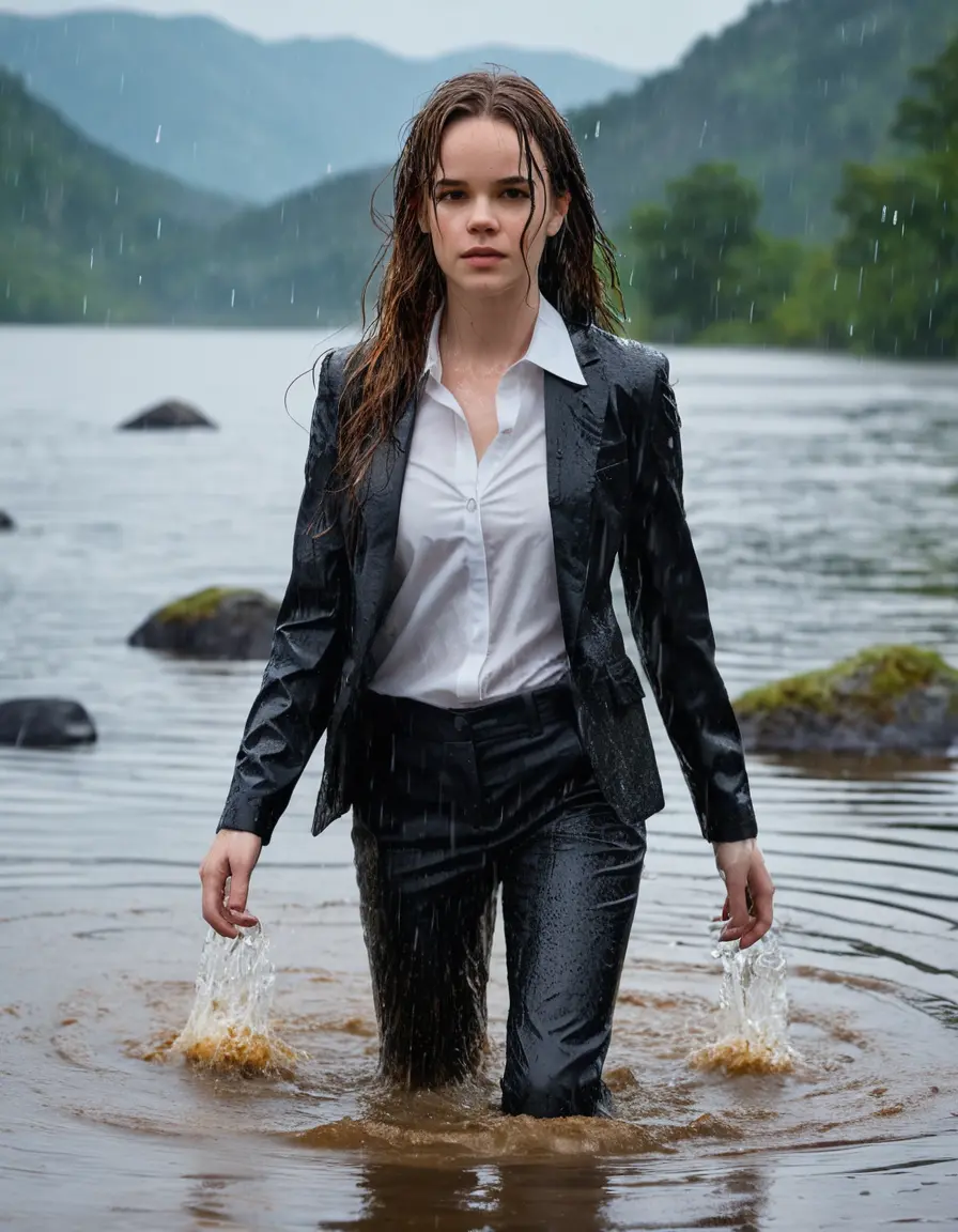 photo of young woman, in soaking wet, drenched clothes,
Black Business Trouser, Black Business Suit Jacket with white button down long sleeve business Shirt, Clear deep Mountain Lake, heavy rain, 
enjoying, wet clothes stuck to body,
detailed textures of the wet clothes, wet face, wet plastered hair,
wet, drenched, professional, high-quality details, full body view.
sharp focus, ultra-high pixel detail, realistic, high-quality, full colors, incredibly detailed, 4k, 8k, 16k, hyper-realistic, RAW photo, masterpiece, ultra-detailed, professionally color graded, professional photograph, Danielle Panabaker, completely soaked, fully drenched, completely wet, wetlook, heavy rain, side parting, open hair, long hair, rain storm