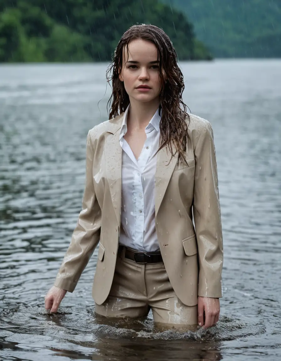 photo of young woman, in soaking wet, drenched clothes,
Beige Business Trouser, Beige Business Suit Jacket with white button down long sleeve business Shirt, Clear deep Mountain Lake, heavy rain, 
enjoying, wet clothes stuck to body,
detailed textures of the wet clothes, wet face, wet plastered hair,
wet, drenched, professional, high-quality details, full body view.
sharp focus, ultra-high pixel detail, realistic, high-quality, full colors, incredibly detailed, 4k, 8k, 16k, hyper-realistic, RAW photo, masterpiece, ultra-detailed, professionally color graded, professional photograph, Danielle Panabaker, completely soaked, fully drenched, completely wet, wetlook, heavy rain, side parting, open hair, long hair, rain storm