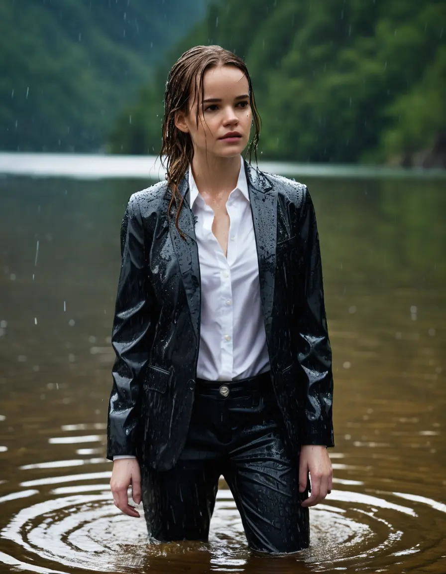 photo of young woman, in soaking wet, drenched clothes,
Black Business Trouser, Black Business Suit Jacket with white button down long sleeve business Shirt, Clear deep Mountain Lake, heavy rain, 
enjoying, wet clothes stuck to body,
detailed textures of the wet clothes, wet face, wet plastered hair,
wet, drenched, professional, high-quality details, full body view.
sharp focus, ultra-high pixel detail, realistic, high-quality, full colors, incredibly detailed, 4k, 8k, 16k, hyper-realistic, RAW photo, masterpiece, ultra-detailed, professionally color graded, professional photograph, Danielle Panabaker, completely soaked, fully drenched, completely wet, wetlook, heavy rain, side parting, open hair, long hair, rain storm
