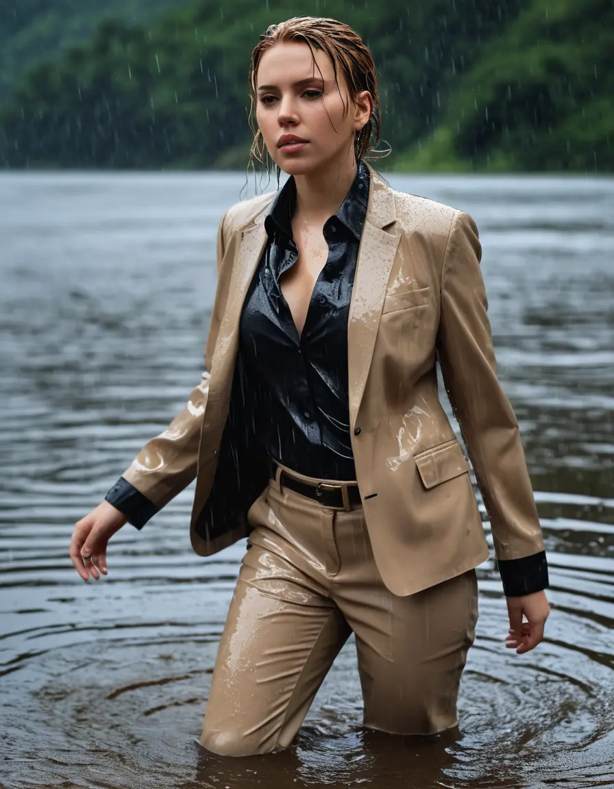 photo of young woman, in soaking wet, drenched clothes,
Beige Business Trouser, Beige Business Suit Jacket with Black button down long sleeve business Shirt, Clear deep Mountain Lake, heavy rain, 
enjoying, wet clothes stuck to body,
detailed textures of the wet clothes, wet face, wet plastered hair,
wet, drenched, professional, high-quality details, full body view.
sharp focus, ultra-high pixel detail, realistic, high-quality, full colors, incredibly detailed, 4k, 8k, 16k, hyper-realistic, RAW photo, masterpiece, ultra-detailed, professionally color graded, professional photograph, Scarlett Johansson, completely soaked, fully drenched, completely wet, wetlook, heavy rain, side parting, open hair, long hair, rain storm