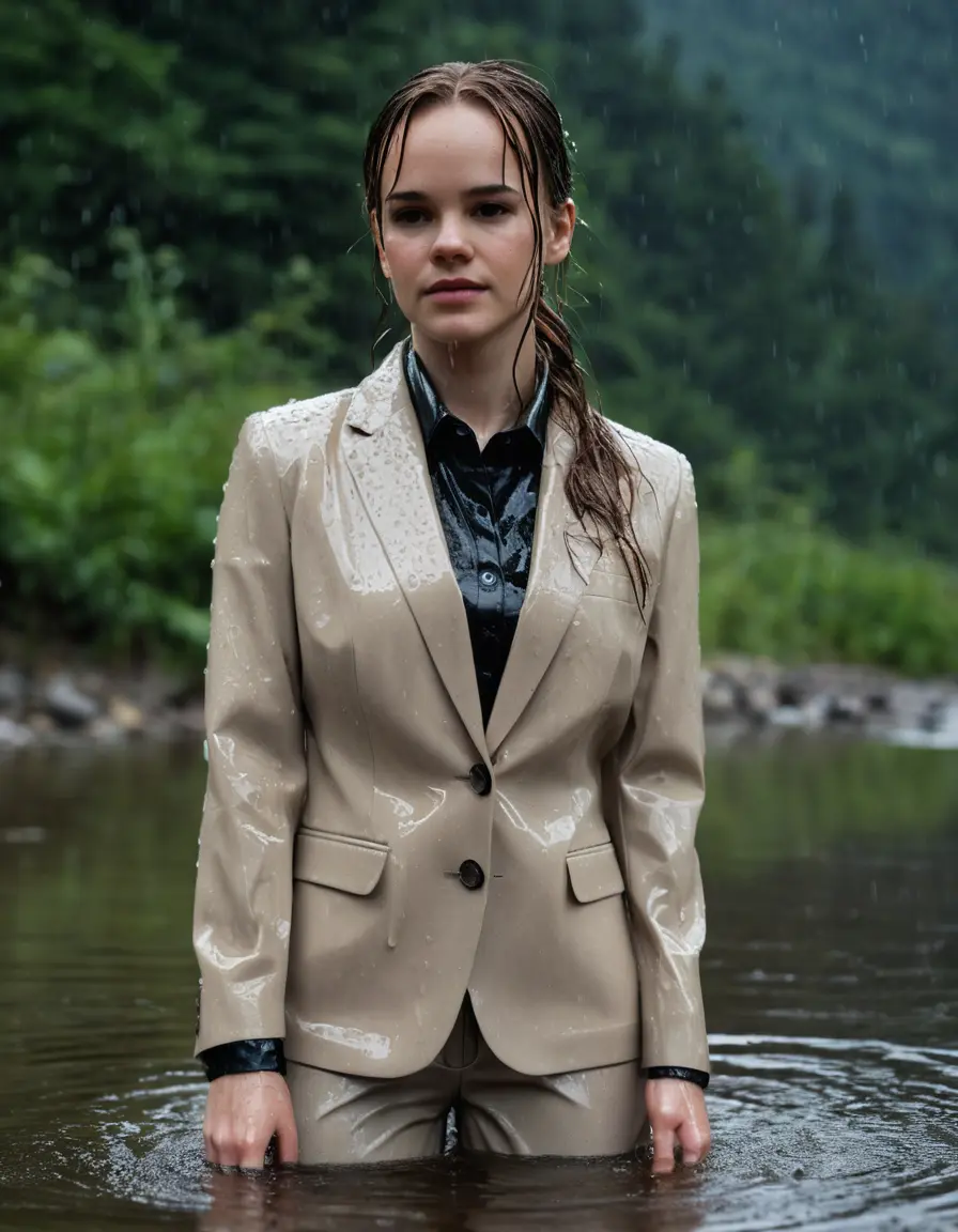 photo of young woman, in soaking wet, drenched clothes,
Beige Business Trouser, Beige Business Suit Jacket with Black button down long sleeve business Shirt, Clear deep Mountain Lake, heavy rain, 
enjoying, wet clothes stuck to body,
detailed textures of the wet clothes, wet face, wet plastered hair,
wet, drenched, professional, high-quality details, full body view.
sharp focus, ultra-high pixel detail, realistic, high-quality, full colors, incredibly detailed, 4k, 8k, 16k, hyper-realistic, RAW photo, masterpiece, ultra-detailed, professionally color graded, professional photograph, Danielle Panabaker, completely soaked, fully drenched, completely wet, wetlook, heavy rain, side parting, open hair, long hair, rain storm