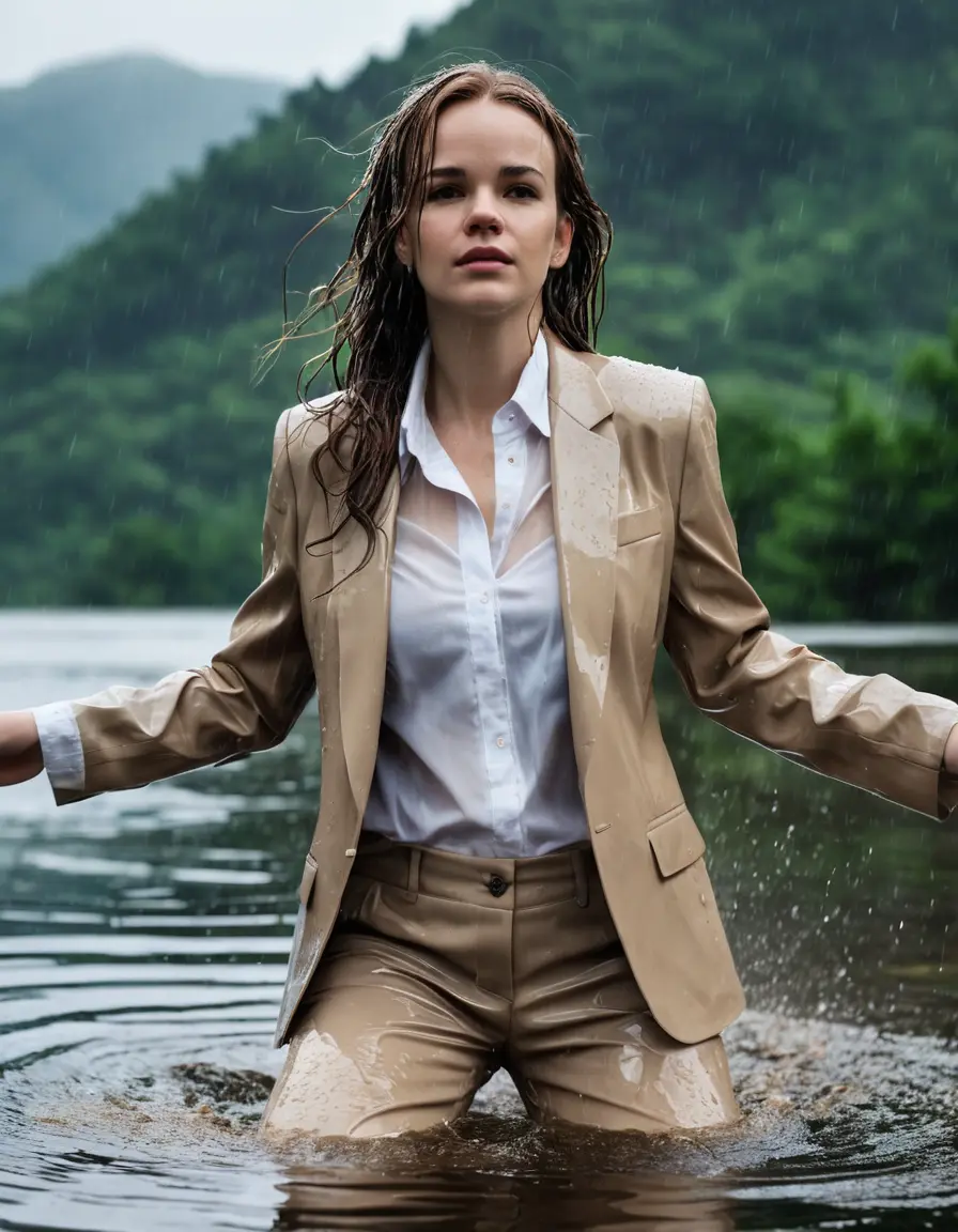 photo of young woman, in soaking wet, drenched clothes,
Beige Business Trouser, Beige Business Suit Jacket with white button down long sleeve business Shirt, Clear deep Mountain Lake, heavy rain, 
enjoying, wet clothes stuck to body,
detailed textures of the wet clothes, wet face, wet plastered hair,
wet, drenched, professional, high-quality details, full body view.
sharp focus, ultra-high pixel detail, realistic, high-quality, full colors, incredibly detailed, 4k, 8k, 16k, hyper-realistic, RAW photo, masterpiece, ultra-detailed, professionally color graded, professional photograph, Danielle Panabaker, completely soaked, fully drenched, completely wet, wetlook, heavy rain, side parting, open hair, long hair, rain storm