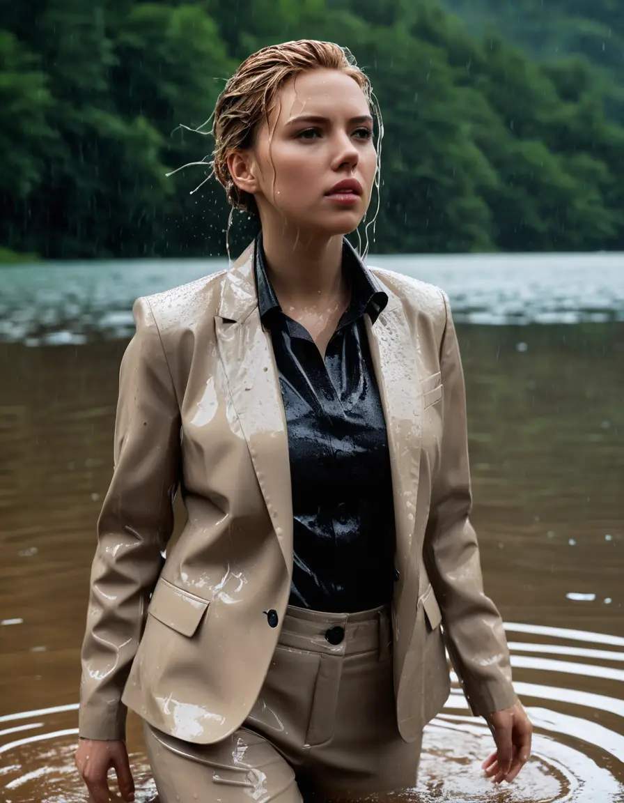 photo of young woman, in soaking wet, drenched clothes,
Beige Business Trouser, Beige Business Suit Jacket with Black button down long sleeve business Shirt, Clear deep Mountain Lake, heavy rain, 
enjoying, wet clothes stuck to body,
detailed textures of the wet clothes, wet face, wet plastered hair,
wet, drenched, professional, high-quality details, full body view.
sharp focus, ultra-high pixel detail, realistic, high-quality, full colors, incredibly detailed, 4k, 8k, 16k, hyper-realistic, RAW photo, masterpiece, ultra-detailed, professionally color graded, professional photograph, Scarlett Johansson, completely soaked, fully drenched, completely wet, wetlook, heavy rain, side parting, open hair, long hair, rain storm