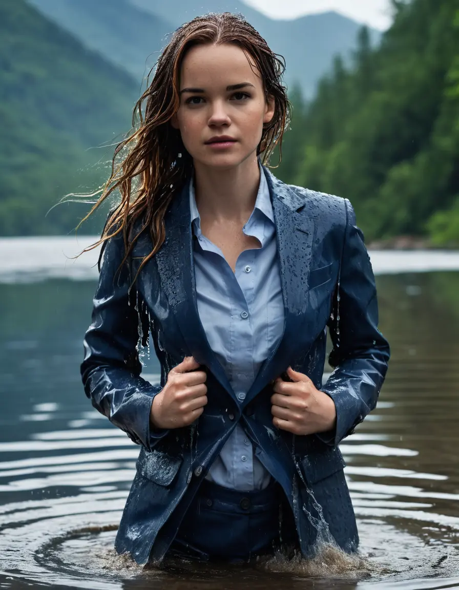 photo of young woman, in soaking wet, drenched clothes,
Dark Blue Business Trouser, Dark Blue Business Suit Jacket with light Blue button down long sleeve business Shirt, Clear deep Mountain Lake, heavy rain, 
enjoying, wet clothes stuck to body,
detailed textures of the wet clothes, wet face, wet plastered hair,
wet, drenched, professional, high-quality details, full body view.
sharp focus, ultra-high pixel detail, realistic, high-quality, full colors, incredibly detailed, 4k, 8k, 16k, hyper-realistic, RAW photo, masterpiece, ultra-detailed, professionally color graded, professional photograph, Danielle Panabaker, completely soaked, fully drenched, completely wet, wetlook, heavy rain, side parting, open hair, long hair, rain storm, Swimming underwater, Underwater view