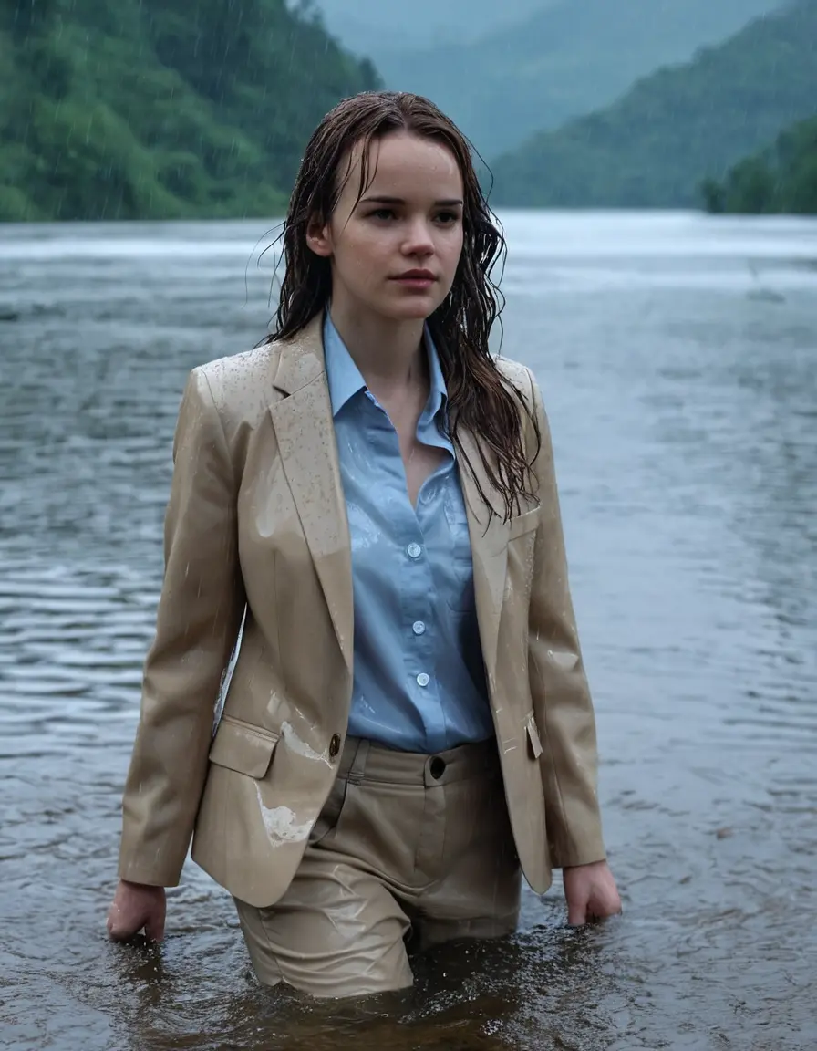 photo of young woman, in soaking wet, drenched clothes,
Beige Business Trouser, Beige Business Suit Jacket with light Blue button down long sleeve business Shirt, Clear deep Mountain Lake, heavy rain, 
enjoying, wet clothes stuck to body,
detailed textures of the wet clothes, wet face, wet plastered hair,
wet, drenched, professional, high-quality details, full body view.
sharp focus, ultra-high pixel detail, realistic, high-quality, full colors, incredibly detailed, 4k, 8k, 16k, hyper-realistic, RAW photo, masterpiece, ultra-detailed, professionally color graded, professional photograph, Danielle Panabaker, completely soaked, fully drenched, completely wet, wetlook, heavy rain, side parting, open hair, long hair, rain storm