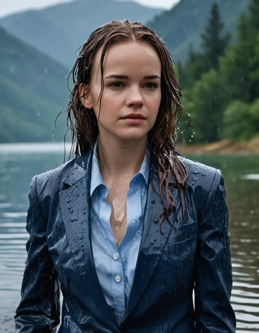 photo of young woman, in soaking wet, drenched clothes,
Dark Blue Business Trouser, Dark Blue Business Suit Jacket with light Blue button down long sleeve business Shirt, Clear deep Mountain Lake, heavy rain, 
enjoying, wet clothes stuck to body,
detailed textures of the wet clothes, wet face, wet plastered hair,
wet, drenched, professional, high-quality details, full body view.
sharp focus, ultra-high pixel detail, realistic, high-quality, full colors, incredibly detailed, 4k, 8k, 16k, hyper-realistic, RAW photo, masterpiece, ultra-detailed, professionally color graded, professional photograph, Danielle Panabaker, completely soaked, fully drenched, completely wet, wetlook, heavy rain, side parting, open hair, long hair, rain storm, Swimming underwater