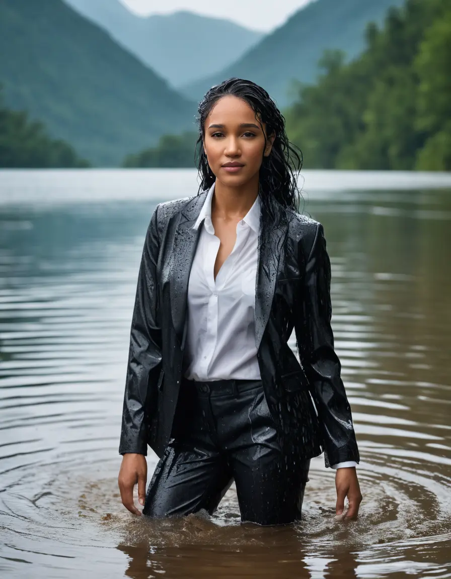 photo of young woman, in soaking wet, drenched clothes,
Black Business Trouser, Black Business Suit Jacket with white button down long sleeve business Shirt, Clear deep Mountain Lake, heavy rain, 
enjoying, wet clothes stuck to body,
detailed textures of the wet clothes, wet face, wet plastered hair,
wet, drenched, professional, high-quality details, full body view.
sharp focus, ultra-high pixel detail, realistic, high-quality, full colors, incredibly detailed, 4k, 8k, 16k, hyper-realistic, RAW photo, masterpiece, ultra-detailed, professionally color graded, professional photograph, Candice Patton, completely soaked, fully drenched, completely wet, wetlook, heavy rain, side parting, open hair, long hair, rain storm