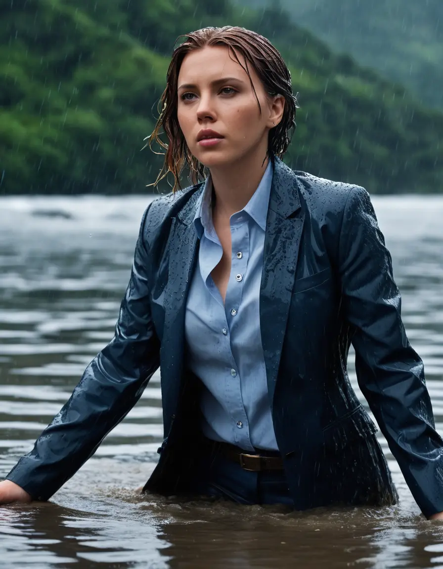 photo of young woman, in soaking wet, drenched clothes,
Dark Blue Business Trouser, Dark Blue Business Suit Jacket with Light Blue button down long sleeve business Shirt, Clear deep Mountain Lake, heavy rain, 
enjoying, wet clothes stuck to body,
detailed textures of the wet clothes, wet face, wet plastered hair,
wet, drenched, professional, high-quality details, full body view.
sharp focus, ultra-high pixel detail, realistic, high-quality, full colors, incredibly detailed, 4k, 8k, 16k, hyper-realistic, RAW photo, masterpiece, ultra-detailed, professionally color graded, professional photograph, Scarlett Johansson, completely soaked, fully drenched, completely wet, wetlook, heavy rain, side parting, open hair, long hair, rain storm
