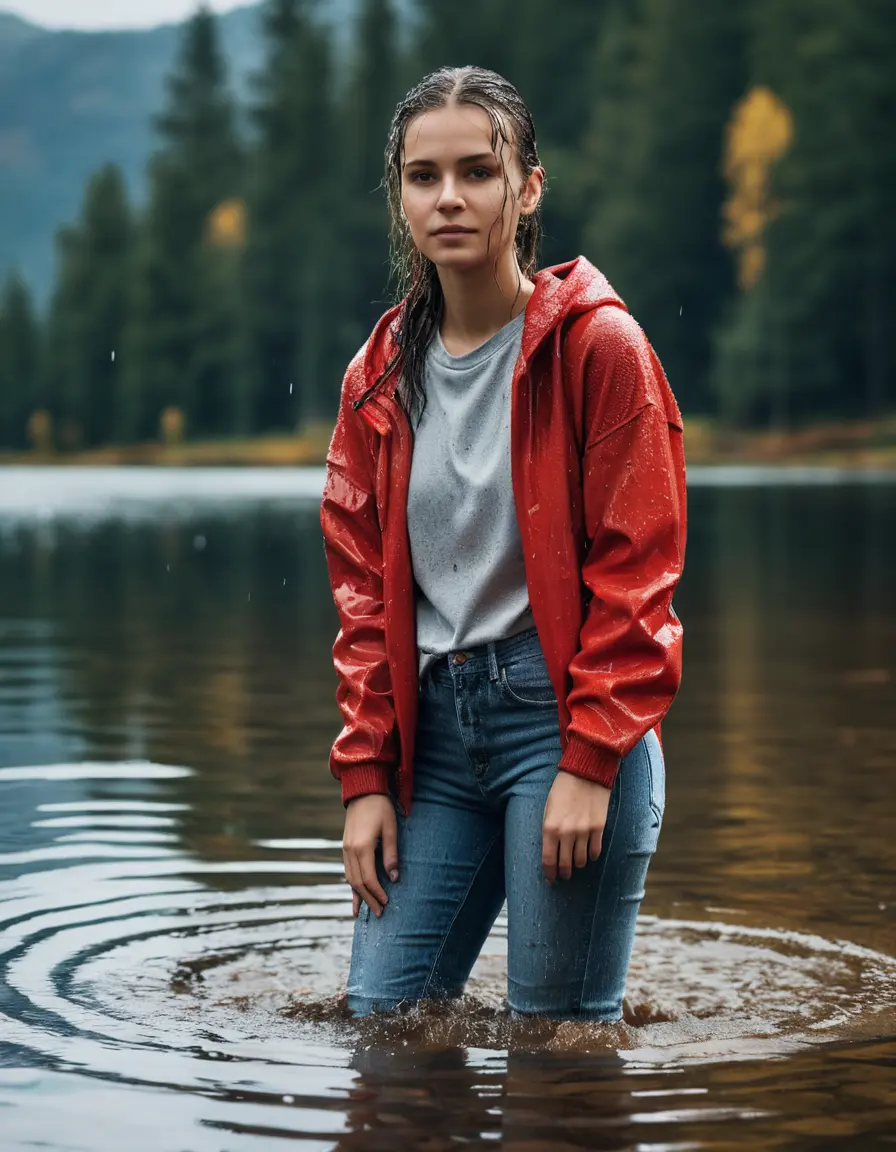 photo of young woman, in soaking wet, drenched clothes,
sneekers, jeans, sweater red, lake, 
enjoying, wet clothes stuck to body,
detailed textures of the wet clothes, wet face, wet plastered hair,
wet, drenched, professional, high-quality details, full body view.
sharp focus, ultra-high pixel detail, realistic, high-quality, full colors, incredibly detailed, 4k, 8k, 16k, hyper-realistic, RAW photo, masterpiece, ultra-detailed, professionally color graded, professional photograph