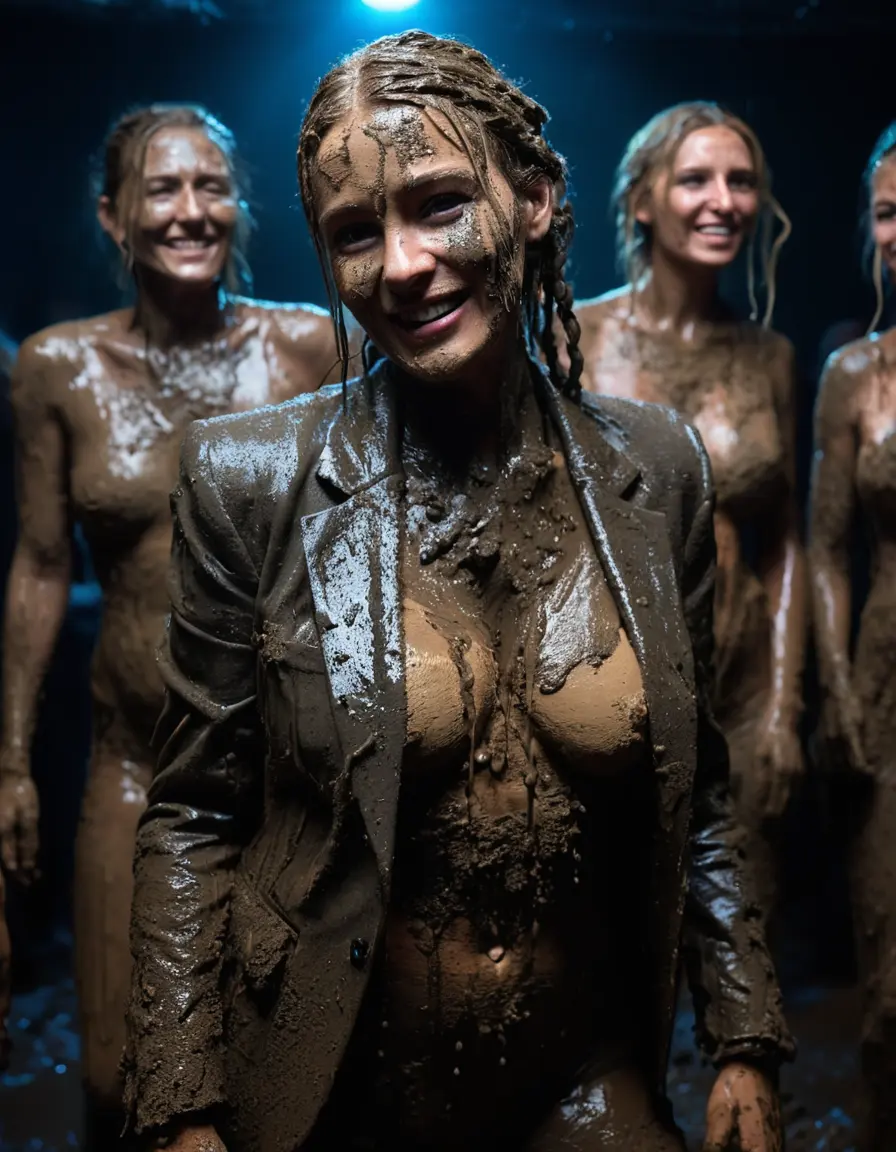 photo of young woman, in soaking wet, drenched clothes,
, , Completely ruined and discoloured black muddy fully-opened unbuttoned blazer like a fancy uniform over topless with super large heavy muddy boobs, Muddy party in a dark muddy club. Mud splashed walls with mud-flooded floor. Dark mood lighting with pink and blue neon lights., 
enjoying, wet clothes stuck to body,
detailed textures of the wet clothes, wet face, wet plastered hair,
wet, drenched, professional, high-quality details, full body view.
sharp focus, ultra-high pixel detail, realistic, high-quality, full colors, incredibly detailed, 4k, 8k, 16k, hyper-realistic, RAW photo, masterpiece, ultra-detailed, professionally color graded, professional photograph, Three elegant sixty years old skinny cute beautiful stunning blonde lesbian seductive tall business mature women standing in the middle of the muddy dancefloor during a lesbian muddy orgy in the muddy disco. They are proudly wearing their ruined open blazers and flaunting their huge muddy boobs and large muddy cleavages. They are playing together like crazy mud creatures during the indoor muddy disco and they are wearing their ruined blazers while touching each others boobs. Their expensive formal clothes are filled with mud and their boobs are totally mud-covered. Total muddy appearance and full mud coverage. The classy elegant club is totally destroyed by mud, deep liquid mud on the floor, mud spots everywhere, mud flows down on the walls and mud on the furnitures with elegant clubbing muddy people in the background. Stylish braided very long hairstyle, muddy braided hair, smiling mudy faces, realistic blue eyes. The women enjoying carefree to be muddy, be dirty and be naughty while they are enjoying the muddy fetish party. Realistic boobs, realistic huge saggy boobs and nipples and photorealistic detailed happy and satisfied facial expressions. Intimate close-up picture about the old women from above. Close-up photo, highly realistic representation, ultra sharp focus, highly photorealistic detailed textures, highly photorealistic detailed facial features and expressions, highly photorealistic hands, highly emotional reactions, highly best quality, highly sharp photorealistic image, highly photorealistic details, full UHD resolution, 32 K, very high level of detail and image sharpness, zoomed in