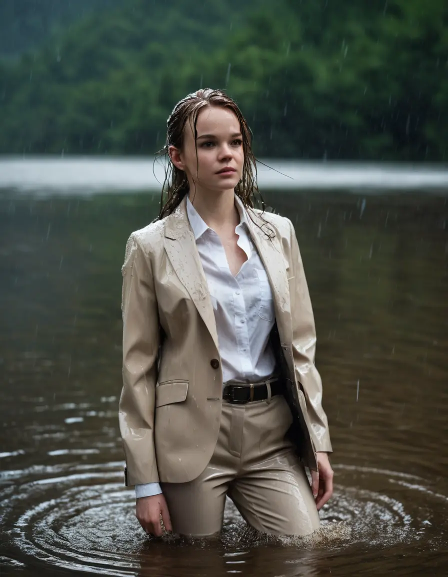 photo of young woman, in soaking wet, drenched clothes,
Beige Business Trouser, Beige Business Suit Jacket with white button down long sleeve business Shirt, Clear deep Mountain Lake, heavy rain, 
enjoying, wet clothes stuck to body,
detailed textures of the wet clothes, wet face, wet plastered hair,
wet, drenched, professional, high-quality details, full body view.
sharp focus, ultra-high pixel detail, realistic, high-quality, full colors, incredibly detailed, 4k, 8k, 16k, hyper-realistic, RAW photo, masterpiece, ultra-detailed, professionally color graded, professional photograph, Danielle Panabaker, completely soaked, fully drenched, completely wet, wetlook, heavy rain, side parting, open hair, long hair, rain storm