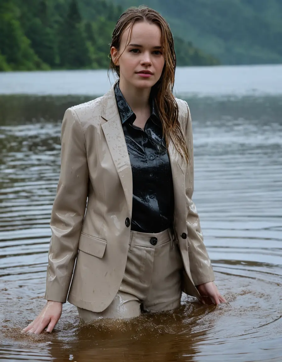 photo of young woman, in soaking wet, drenched clothes,
Beige Business Trouser, Beige Business Suit Jacket with Black button down long sleeve business Shirt, Clear deep Mountain Lake, heavy rain, 
enjoying, wet clothes stuck to body,
detailed textures of the wet clothes, wet face, wet plastered hair,
wet, drenched, professional, high-quality details, full body view.
sharp focus, ultra-high pixel detail, realistic, high-quality, full colors, incredibly detailed, 4k, 8k, 16k, hyper-realistic, RAW photo, masterpiece, ultra-detailed, professionally color graded, professional photograph, Danielle Panabaker, completely soaked, fully drenched, completely wet, wetlook, heavy rain, side parting, open hair, long hair, rain storm