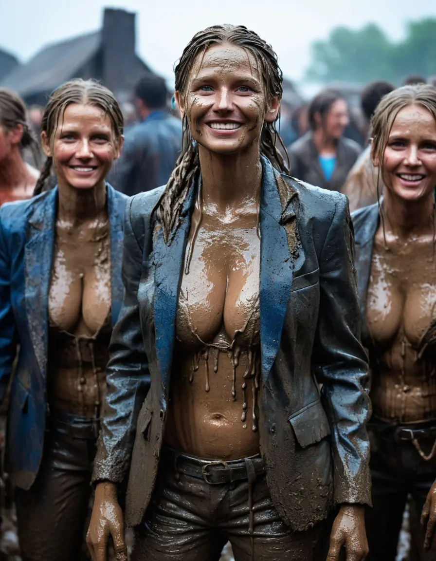 photo of young woman, in soaking wet, drenched clothes,
, , Completely ruined and discoloured black muddy fully-opened unbuttoned blazer like a fancy uniform over topless with super large heavy muddy boobs, Muddy party in a dark muddy club. Mud splashed walls with mud-flooded floor. Dark mood lighting with pink and blue neon lights., 
enjoying, wet clothes stuck to body,
detailed textures of the wet clothes, wet face, wet plastered hair,
wet, drenched, professional, high-quality details, full body view.
sharp focus, ultra-high pixel detail, realistic, high-quality, full colors, incredibly detailed, 4k, 8k, 16k, hyper-realistic, RAW photo, masterpiece, ultra-detailed, professionally color graded, professional photograph, Three elegant sixty years old skinny cute beautiful stunning blonde lesbian seductive tall business mature women standing under the heavy mud gunge tank. They are proudly wearing their ruined open blazers and flaunting their huge muddy boobs and large muddy cleavages. They are having a muddy shower and playing like crazy mud creatures during the indoor muddy disco and they are wearing their ruined blazers while touching each others boobs. Their expensive formal clothes are filled with mud and their boobs are totally mud-covered. Total muddy appearance and full mud coverage. The classy elegant club is totally destroyed by mud, deep liquid mud on the floor, mud spots everywhere, mud flows down on the walls and mud on the furnitures with elegant clubbing muddy people in the background. Stylish braided very long hairstyle, muddy braided hair, smiling mudy faces, realistic blue eyes. The women enjoying carefree to be muddy, be dirty and be naughty while they are enjoying the muddy fetish party. Realistic boobs, realistic huge saggy boobs and nipples and photorealistic detailed happy and satisfied facial expressions. Intimate close-up picture about the old women from above. Close-up photo, highly realistic representation, ultra sharp focus, highly photorealistic detailed textures, highly photorealistic detailed facial features and expressions, highly photorealistic hands, highly emotional reactions, highly best quality, highly sharp photorealistic image, highly photorealistic details, full UHD resolution, 32 K, very high level of detail and image sharpness, zoomed in