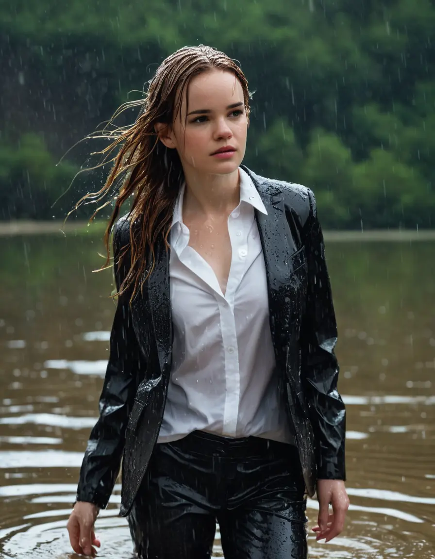 photo of young woman, in soaking wet, drenched clothes,
Black Business Trouser, Black Business Suit Jacket with white button down long sleeve business Shirt, Clear deep Mountain Lake, heavy rain, 
enjoying, wet clothes stuck to body,
detailed textures of the wet clothes, wet face, wet plastered hair,
wet, drenched, professional, high-quality details, full body view.
sharp focus, ultra-high pixel detail, realistic, high-quality, full colors, incredibly detailed, 4k, 8k, 16k, hyper-realistic, RAW photo, masterpiece, ultra-detailed, professionally color graded, professional photograph, Danielle Panabaker, completely soaked, fully drenched, completely wet, wetlook, heavy rain, side parting, open hair, long hair, rain storm