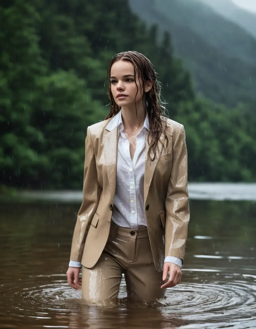 photo of young woman, in soaking wet, drenched clothes,
Beige Business Trouser, Beige Business Suit Jacket with white button down long sleeve business Shirt, Clear deep Mountain Lake, heavy rain, 
enjoying, wet clothes stuck to body,
detailed textures of the wet clothes, wet face, wet plastered hair,
wet, drenched, professional, high-quality details, full body view.
sharp focus, ultra-high pixel detail, realistic, high-quality, full colors, incredibly detailed, 4k, 8k, 16k, hyper-realistic, RAW photo, masterpiece, ultra-detailed, professionally color graded, professional photograph, Danielle Panabaker, completely soaked, fully drenched, completely wet, wetlook, heavy rain, side parting, open hair, long hair, rain storm