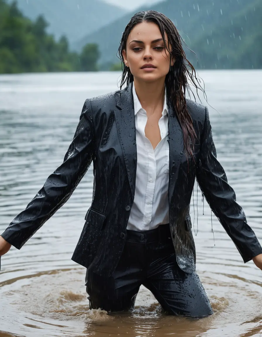 photo of young woman, in soaking wet, drenched clothes,
Black Business Trouser, Black Business Suit Jacket with white button down long sleeve business Shirt, Clear deep Mountain Lake, heavy rain, 
enjoying, wet clothes stuck to body,
detailed textures of the wet clothes, wet face, wet plastered hair,
wet, drenched, professional, high-quality details, full body view.
sharp focus, ultra-high pixel detail, realistic, high-quality, full colors, incredibly detailed, 4k, 8k, 16k, hyper-realistic, RAW photo, masterpiece, ultra-detailed, professionally color graded, professional photograph, Mila Kunis, completely soaked, fully drenched, completely wet, wetlook, heavy rain, side parting, open hair, long hair, rain storm