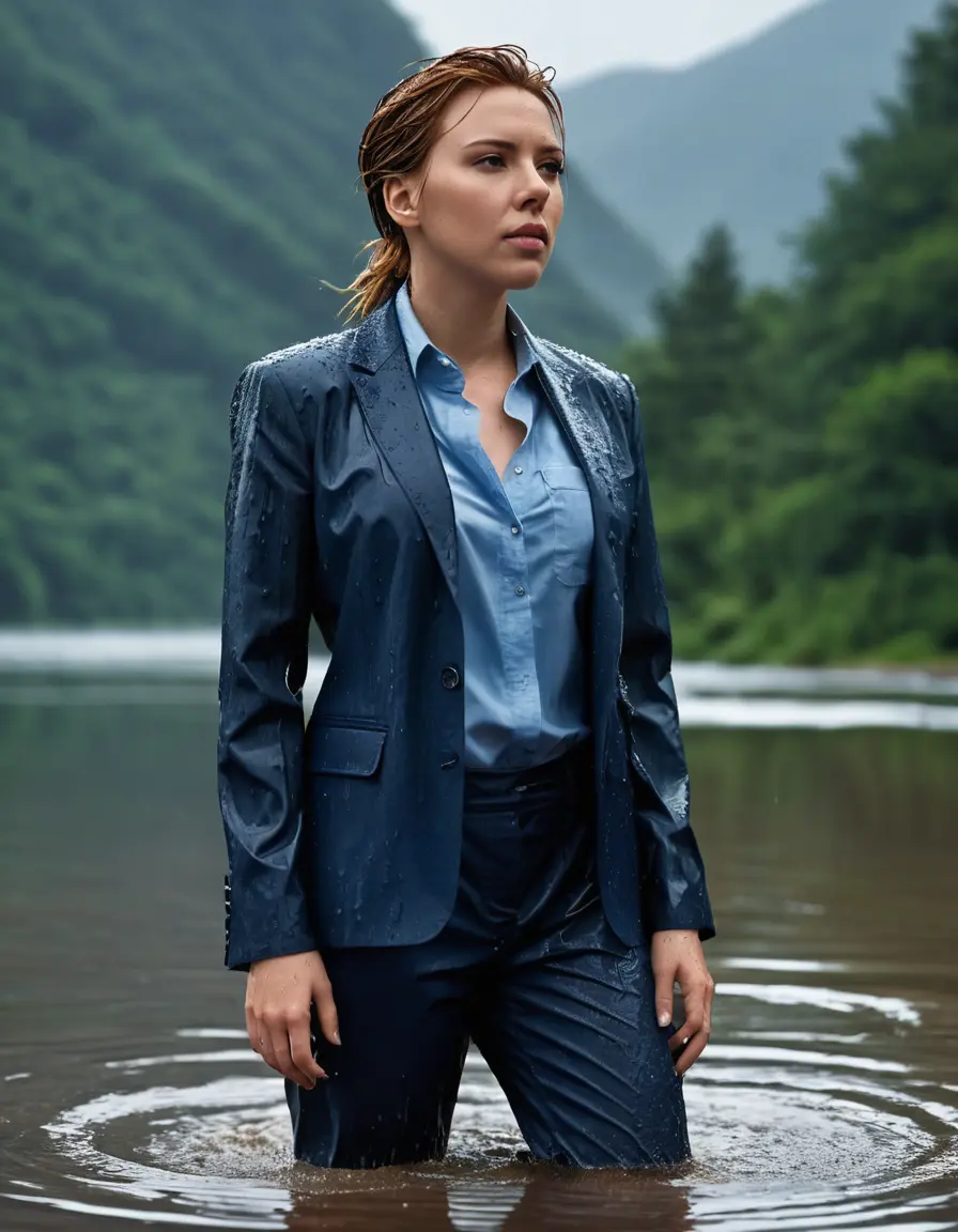 photo of young woman, in soaking wet, drenched clothes,
Dark Blue Business Trouser, Dark Blue Business Suit Jacket with Light Blue button down long sleeve business Shirt, Clear deep Mountain Lake, heavy rain, 
enjoying, wet clothes stuck to body,
detailed textures of the wet clothes, wet face, wet plastered hair,
wet, drenched, professional, high-quality details, full body view.
sharp focus, ultra-high pixel detail, realistic, high-quality, full colors, incredibly detailed, 4k, 8k, 16k, hyper-realistic, RAW photo, masterpiece, ultra-detailed, professionally color graded, professional photograph, Scarlett Johansson, completely soaked, fully drenched, completely wet, wetlook, heavy rain, side parting, open hair, long hair, rain storm