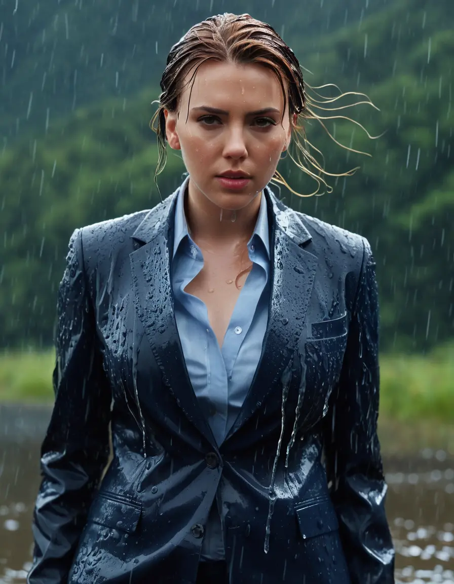 photo of young woman, in soaking wet, drenched clothes,
Dark Blue Business Trouser, Dark Blue Business Suit Jacket with Light Blue button down long sleeve business Shirt, Clear deep Mountain Lake, heavy rain, 
enjoying, wet clothes stuck to body,
detailed textures of the wet clothes, wet face, wet plastered hair,
wet, drenched, professional, high-quality details, full body view.
sharp focus, ultra-high pixel detail, realistic, high-quality, full colors, incredibly detailed, 4k, 8k, 16k, hyper-realistic, RAW photo, masterpiece, ultra-detailed, professionally color graded, professional photograph, Scarlett Johansson, completely soaked, fully drenched, completely wet, wetlook, heavy rain, side parting, open hair, long hair, rain storm