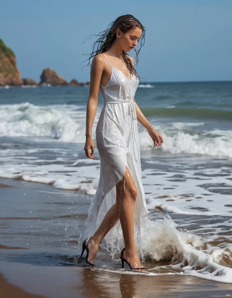 photo of young woman, in soaking wet, drenched clothes,
heels, white dress, white dress, beach, 
enjoying, wet clothes stuck to body,
detailed textures of the wet clothes, wet face, wet plastered hair,
wet, drenched, professional, high-quality details, full body view.
sharp focus, ultra-high pixel detail, realistic, high-quality, full colors, incredibly detailed, 4k, 8k, 16k, hyper-realistic, RAW photo, masterpiece, ultra-detailed, professionally color graded, professional photograph, Standing clinching