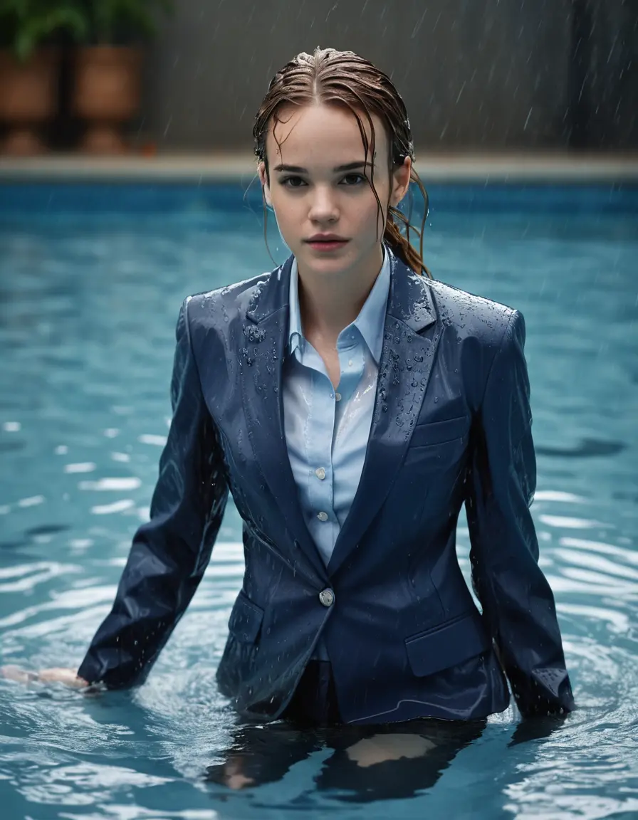 photo of young woman, in soaking wet, drenched clothes,
Dark Blue Business Trouser, Dark Blue Business Suit Jacket with light Blue button down long sleeve business Shirt, Underwater in a clear deep swimmingpool, 
enjoying, wet clothes stuck to body,
detailed textures of the wet clothes, wet face, wet plastered hair,
wet, drenched, professional, high-quality details, full body view.
sharp focus, ultra-high pixel detail, realistic, high-quality, full colors, incredibly detailed, 4k, 8k, 16k, hyper-realistic, RAW photo, masterpiece, ultra-detailed, professionally color graded, professional photograph, Danielle Panabaker, completely soaked, fully drenched, completely wet, wetlook, heavy rain, side parting, open hair, long hair, rain storm, Swimming underwater