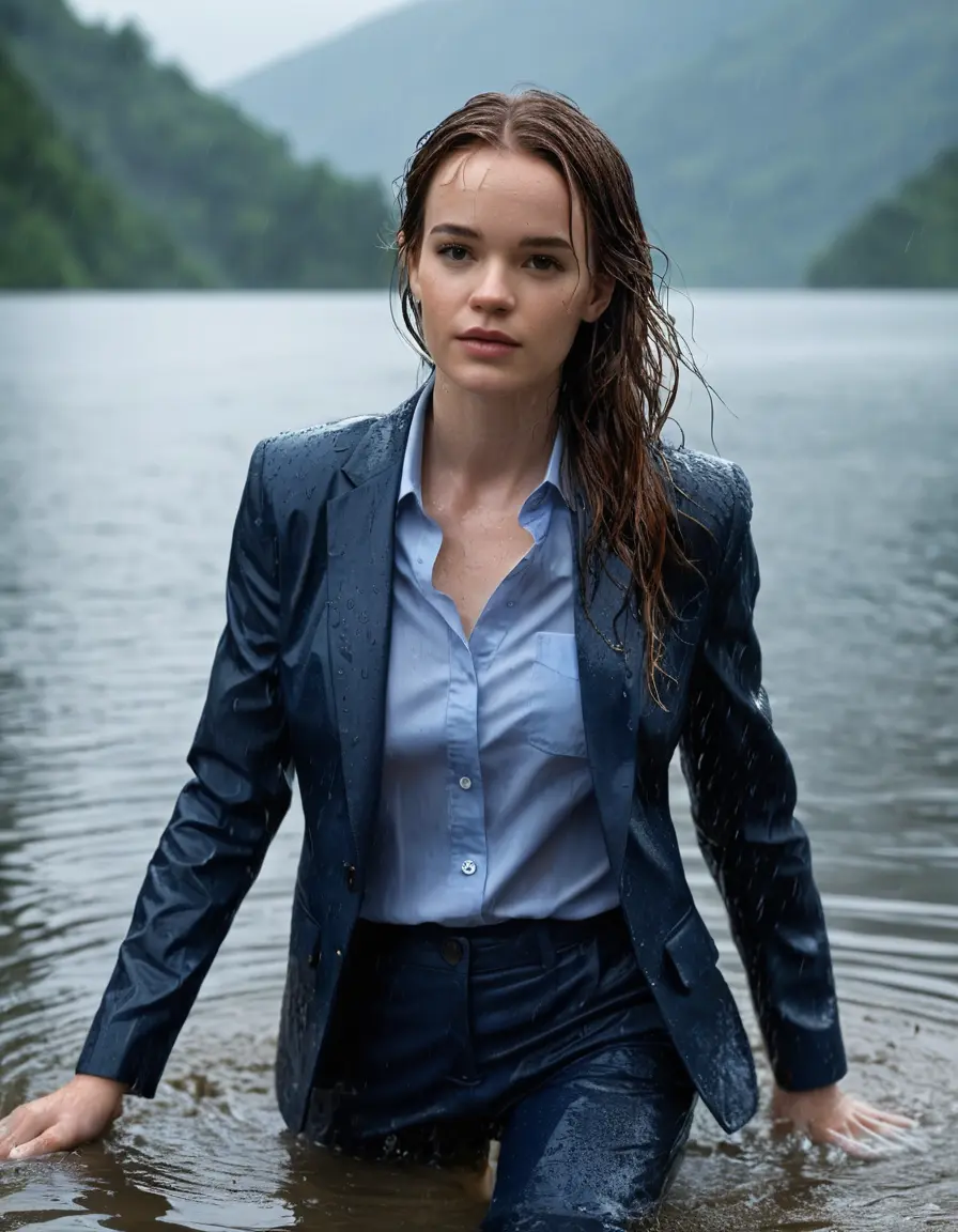 photo of young woman, in soaking wet, drenched clothes,
Dark Blue Business Trouser, Dark Blue Business Suit Jacket with light Blue button down long sleeve business Shirt, Clear deep Mountain Lake, heavy rain, 
enjoying, wet clothes stuck to body,
detailed textures of the wet clothes, wet face, wet plastered hair,
wet, drenched, professional, high-quality details, full body view.
sharp focus, ultra-high pixel detail, realistic, high-quality, full colors, incredibly detailed, 4k, 8k, 16k, hyper-realistic, RAW photo, masterpiece, ultra-detailed, professionally color graded, professional photograph, Danielle Panabaker, completely soaked, fully drenched, completely wet, wetlook, heavy rain, side parting, open hair, long hair, rain storm
