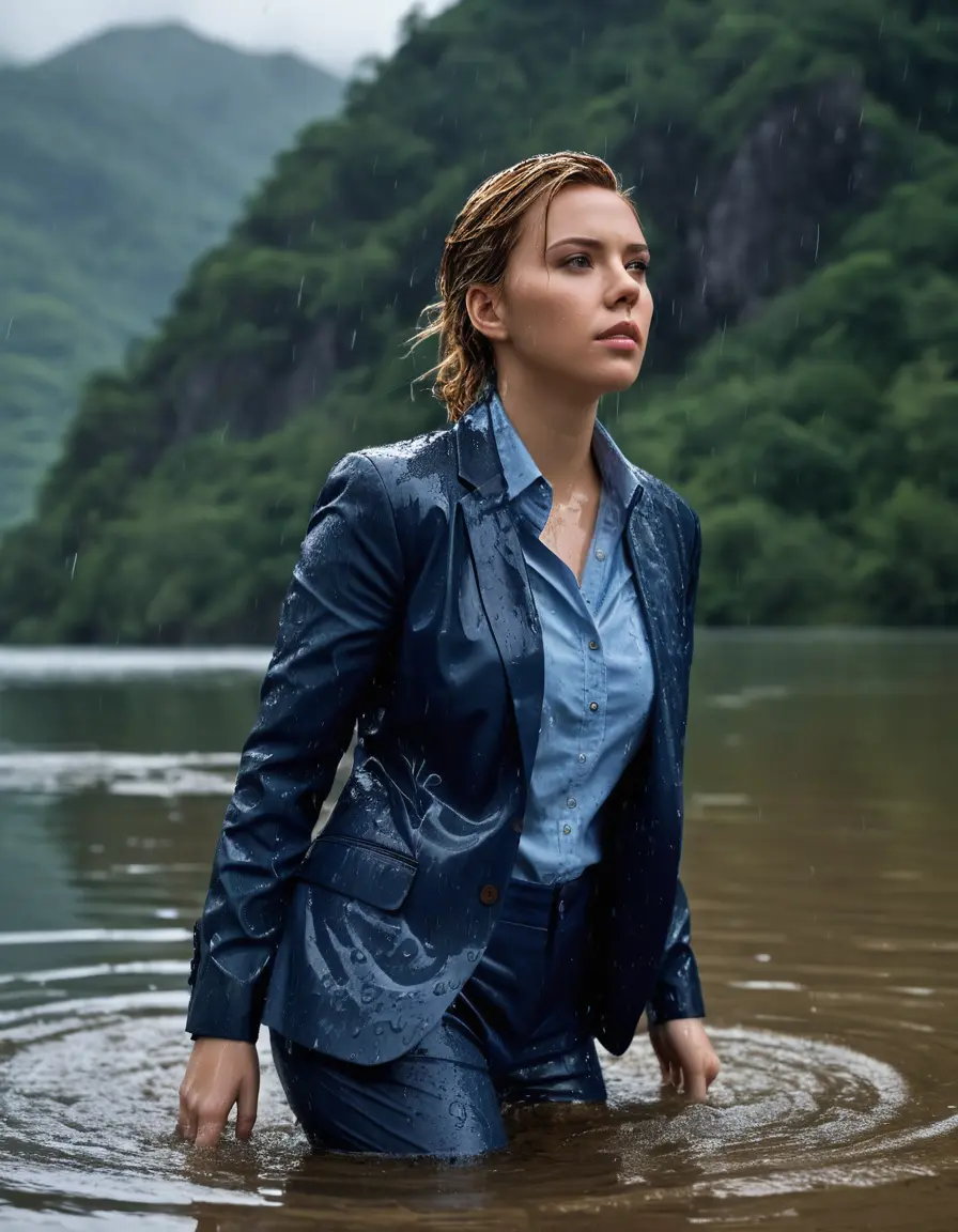 photo of young woman, in soaking wet, drenched clothes,
Dark Blue Business Trouser, Dark Blue Business Suit Jacket with Light Blue button down long sleeve business Shirt, Clear deep Mountain Lake, heavy rain, 
enjoying, wet clothes stuck to body,
detailed textures of the wet clothes, wet face, wet plastered hair,
wet, drenched, professional, high-quality details, full body view.
sharp focus, ultra-high pixel detail, realistic, high-quality, full colors, incredibly detailed, 4k, 8k, 16k, hyper-realistic, RAW photo, masterpiece, ultra-detailed, professionally color graded, professional photograph, Scarlett Johansson, completely soaked, fully drenched, completely wet, wetlook, heavy rain, side parting, open hair, long hair, rain storm