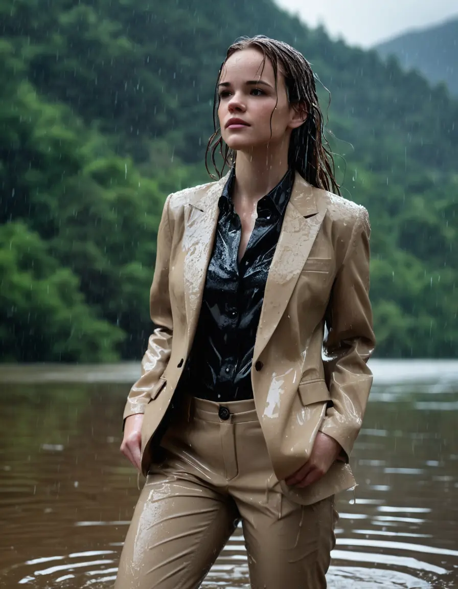photo of young woman, in soaking wet, drenched clothes,
Beige Business Trouser, Beige Business Suit Jacket with Black button down long sleeve business Shirt, Clear deep Mountain Lake, heavy rain, 
enjoying, wet clothes stuck to body,
detailed textures of the wet clothes, wet face, wet plastered hair,
wet, drenched, professional, high-quality details, full body view.
sharp focus, ultra-high pixel detail, realistic, high-quality, full colors, incredibly detailed, 4k, 8k, 16k, hyper-realistic, RAW photo, masterpiece, ultra-detailed, professionally color graded, professional photograph, Danielle Panabaker, completely soaked, fully drenched, completely wet, wetlook, heavy rain, side parting, open hair, long hair, rain storm