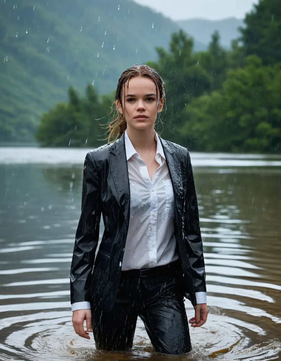 photo of young woman, in soaking wet, drenched clothes,
Black Business Trouser, Black Business Suit Jacket with white button down long sleeve business Shirt, Clear deep Mountain Lake, heavy rain, 
enjoying, wet clothes stuck to body,
detailed textures of the wet clothes, wet face, wet plastered hair,
wet, drenched, professional, high-quality details, full body view.
sharp focus, ultra-high pixel detail, realistic, high-quality, full colors, incredibly detailed, 4k, 8k, 16k, hyper-realistic, RAW photo, masterpiece, ultra-detailed, professionally color graded, professional photograph, Danielle Panabaker, completely soaked, fully drenched, completely wet, wetlook, heavy rain, side parting, open hair, long hair, rain storm