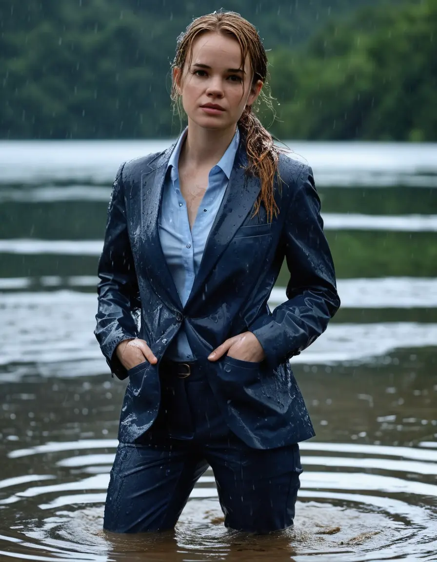 photo of young woman, in soaking wet, drenched clothes,
Dark Blue Business Trouser, Dark Blue Business Suit Jacket with light Blue button down long sleeve business Shirt, Clear deep Mountain Lake, heavy rain, 
enjoying, wet clothes stuck to body,
detailed textures of the wet clothes, wet face, wet plastered hair,
wet, drenched, professional, high-quality details, full body view.
sharp focus, ultra-high pixel detail, realistic, high-quality, full colors, incredibly detailed, 4k, 8k, 16k, hyper-realistic, RAW photo, masterpiece, ultra-detailed, professionally color graded, professional photograph, Danielle Panabaker, completely soaked, fully drenched, completely wet, wetlook, heavy rain, side parting, open hair, long hair, rain storm