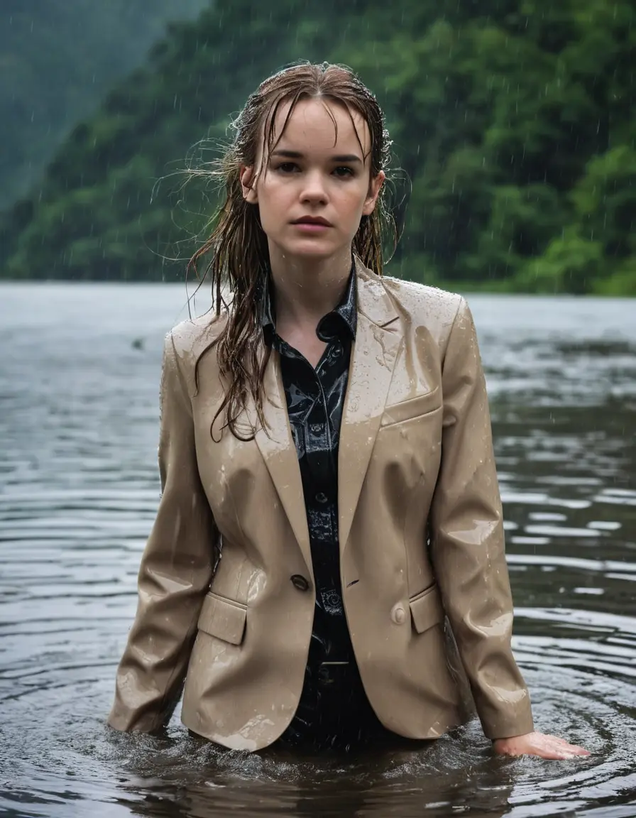 photo of young woman, in soaking wet, drenched clothes,
Beige Business Trouser, Beige Business Suit Jacket with Black button down long sleeve business Shirt, Clear deep Mountain Lake, heavy rain, 
enjoying, wet clothes stuck to body,
detailed textures of the wet clothes, wet face, wet plastered hair,
wet, drenched, professional, high-quality details, full body view.
sharp focus, ultra-high pixel detail, realistic, high-quality, full colors, incredibly detailed, 4k, 8k, 16k, hyper-realistic, RAW photo, masterpiece, ultra-detailed, professionally color graded, professional photograph, Danielle Panabaker, completely soaked, fully drenched, completely wet, wetlook, heavy rain, side parting, open hair, long hair, rain storm