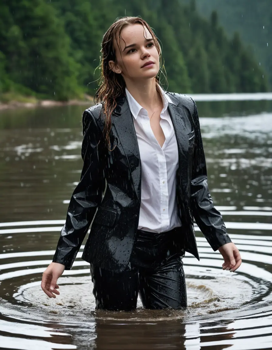 photo of young woman, in soaking wet, drenched clothes,
Black Business Trouser, Black Business Suit Jacket with white button down long sleeve business Shirt, Clear deep Mountain Lake, heavy rain, 
enjoying, wet clothes stuck to body,
detailed textures of the wet clothes, wet face, wet plastered hair,
wet, drenched, professional, high-quality details, full body view.
sharp focus, ultra-high pixel detail, realistic, high-quality, full colors, incredibly detailed, 4k, 8k, 16k, hyper-realistic, RAW photo, masterpiece, ultra-detailed, professionally color graded, professional photograph, Danielle Panabaker, completely soaked, fully drenched, completely wet, wetlook, heavy rain, side parting, open hair, long hair, rain storm