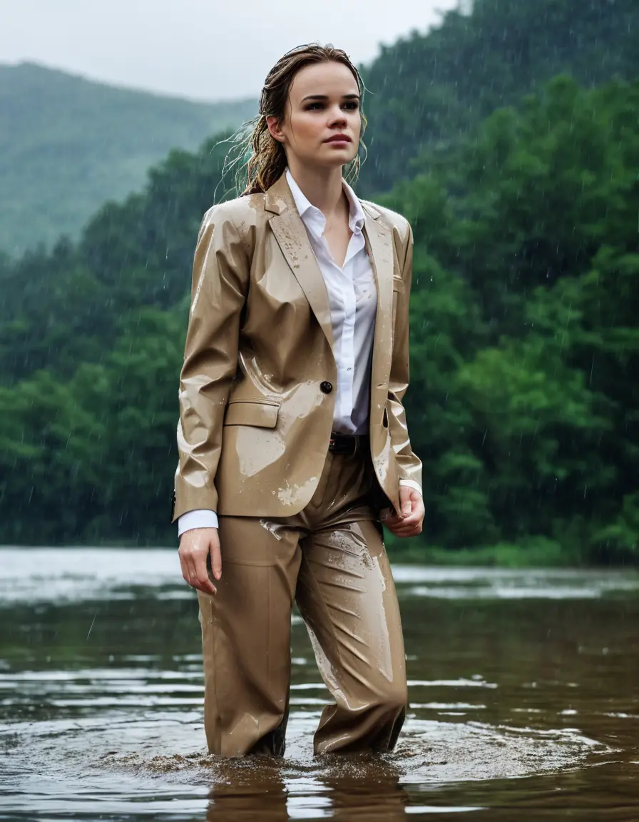 photo of young woman, in soaking wet, drenched clothes,
Beige Business Trouser, Beige Business Suit Jacket with white button down long sleeve business Shirt, Clear deep Mountain Lake, heavy rain, 
enjoying, wet clothes stuck to body,
detailed textures of the wet clothes, wet face, wet plastered hair,
wet, drenched, professional, high-quality details, full body view.
sharp focus, ultra-high pixel detail, realistic, high-quality, full colors, incredibly detailed, 4k, 8k, 16k, hyper-realistic, RAW photo, masterpiece, ultra-detailed, professionally color graded, professional photograph, Danielle Panabaker, completely soaked, fully drenched, completely wet, wetlook, heavy rain, side parting, open hair, long hair, rain storm