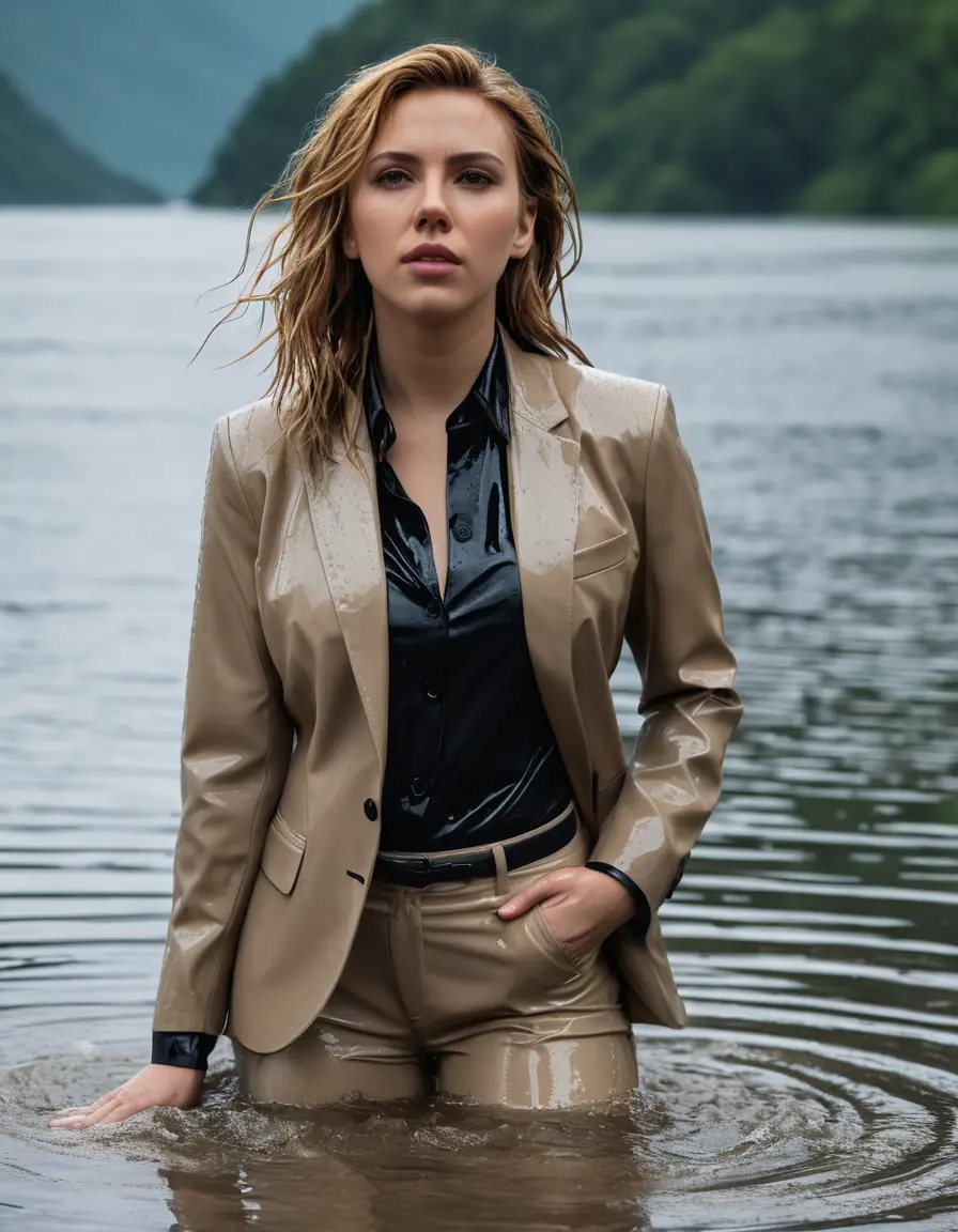 photo of young woman, in soaking wet, drenched clothes,
Beige Business Trouser, Beige Business Suit Jacket with Black button down long sleeve business Shirt, Clear deep Mountain Lake, heavy rain, 
enjoying, wet clothes stuck to body,
detailed textures of the wet clothes, wet face, wet plastered hair,
wet, drenched, professional, high-quality details, full body view.
sharp focus, ultra-high pixel detail, realistic, high-quality, full colors, incredibly detailed, 4k, 8k, 16k, hyper-realistic, RAW photo, masterpiece, ultra-detailed, professionally color graded, professional photograph, Scarlett Johansson, completely soaked, fully drenched, completely wet, wetlook, heavy rain, side parting, open hair, long hair, rain storm