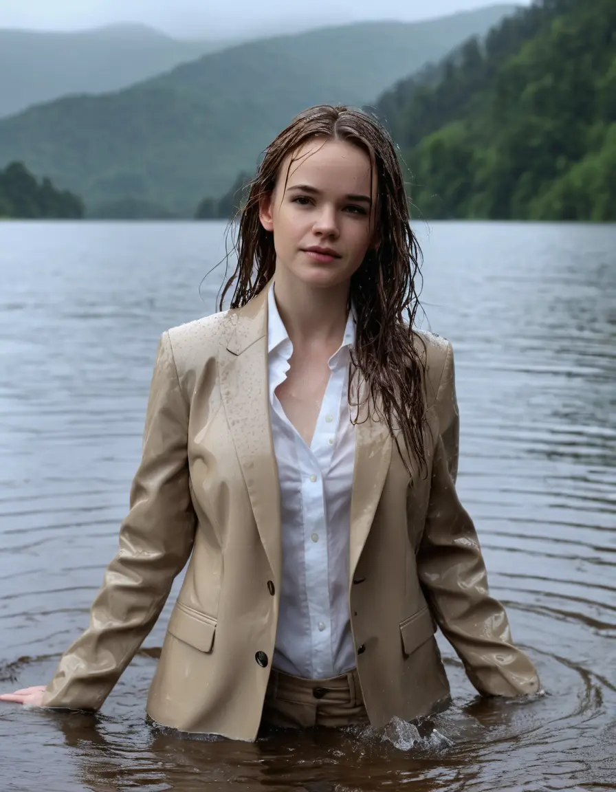 photo of young woman, in soaking wet, drenched clothes,
Beige Business Trouser, Beige Business Suit Jacket with white button down long sleeve business Shirt, Clear deep Mountain Lake, heavy rain, 
enjoying, wet clothes stuck to body,
detailed textures of the wet clothes, wet face, wet plastered hair,
wet, drenched, professional, high-quality details, full body view.
sharp focus, ultra-high pixel detail, realistic, high-quality, full colors, incredibly detailed, 4k, 8k, 16k, hyper-realistic, RAW photo, masterpiece, ultra-detailed, professionally color graded, professional photograph, Danielle Panabaker, completely soaked, fully drenched, completely wet, wetlook, heavy rain, side parting, open hair, long hair, rain storm