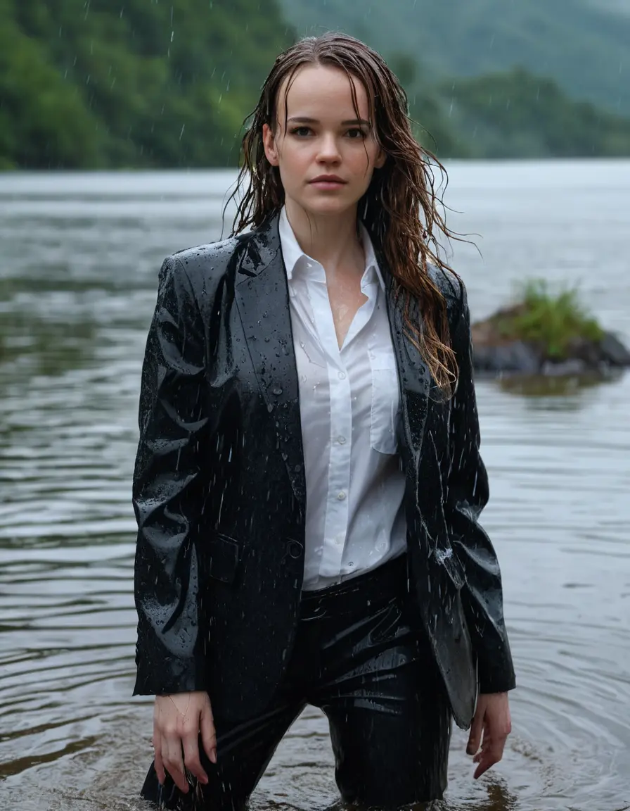 photo of young woman, in soaking wet, drenched clothes,
Black Business Trouser, Black Business Suit Jacket with white button down long sleeve business Shirt, Clear deep Mountain Lake, heavy rain, 
enjoying, wet clothes stuck to body,
detailed textures of the wet clothes, wet face, wet plastered hair,
wet, drenched, professional, high-quality details, full body view.
sharp focus, ultra-high pixel detail, realistic, high-quality, full colors, incredibly detailed, 4k, 8k, 16k, hyper-realistic, RAW photo, masterpiece, ultra-detailed, professionally color graded, professional photograph, Danielle Panabaker, completely soaked, fully drenched, completely wet, wetlook, heavy rain, side parting, open hair, long hair, rain storm