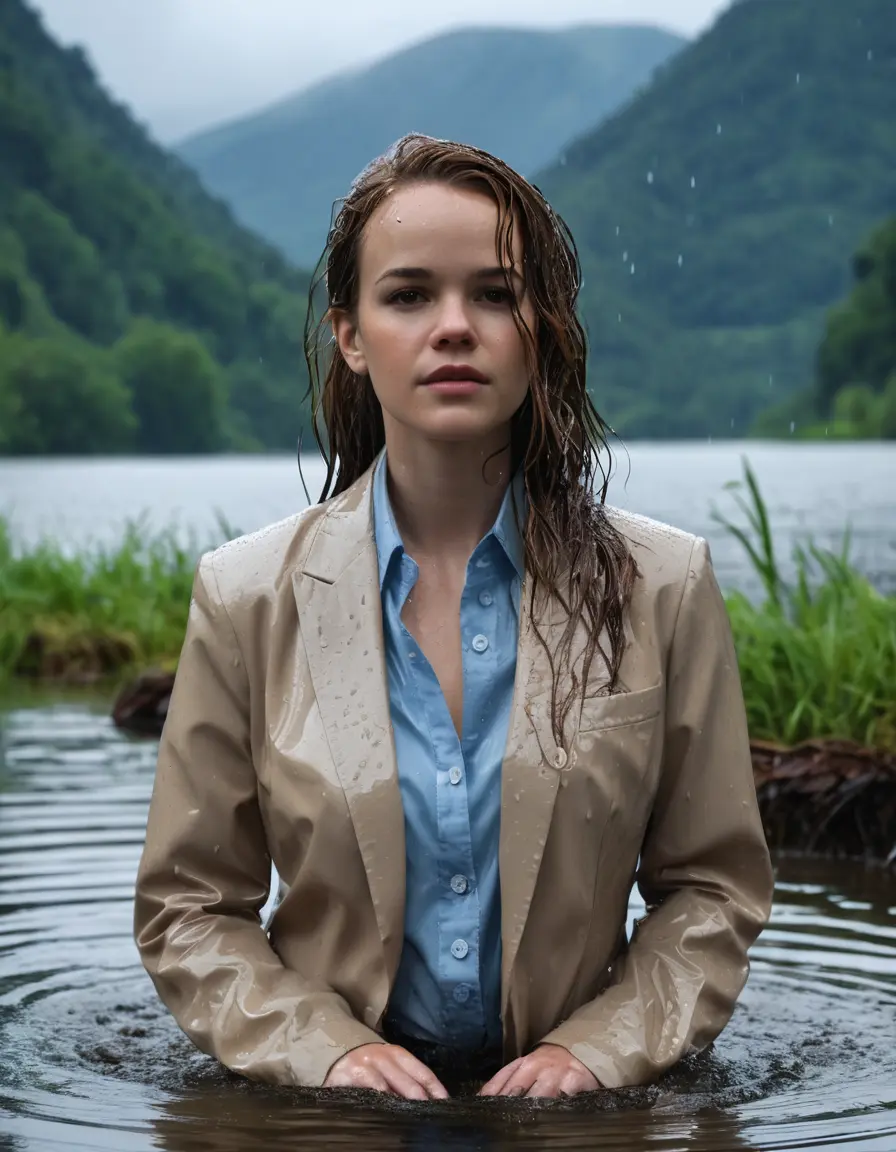 photo of young woman, in soaking wet, drenched clothes,
Beige Business Trouser, Beige Business Suit Jacket with light Blue button down long sleeve business Shirt, Clear deep Mountain Lake, heavy rain, 
enjoying, wet clothes stuck to body,
detailed textures of the wet clothes, wet face, wet plastered hair,
wet, drenched, professional, high-quality details, full body view.
sharp focus, ultra-high pixel detail, realistic, high-quality, full colors, incredibly detailed, 4k, 8k, 16k, hyper-realistic, RAW photo, masterpiece, ultra-detailed, professionally color graded, professional photograph, Danielle Panabaker, completely soaked, fully drenched, completely wet, wetlook, heavy rain, side parting, open hair, long hair, rain storm