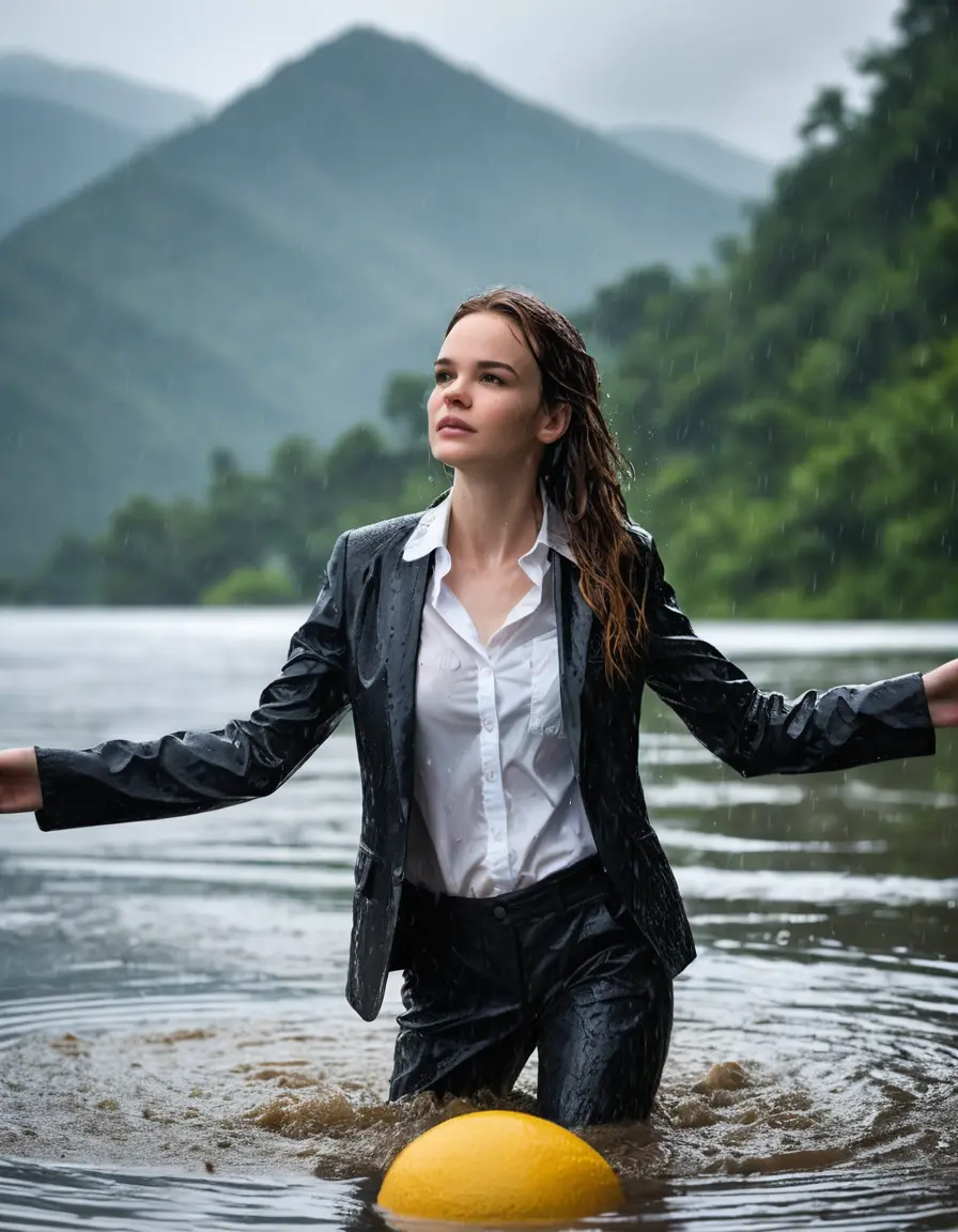 photo of young woman, in soaking wet, drenched clothes,
Black Business Trouser, Black Business Suit Jacket with white button down long sleeve business Shirt, Clear deep Mountain Lake, heavy rain, 
enjoying, wet clothes stuck to body,
detailed textures of the wet clothes, wet face, wet plastered hair,
wet, drenched, professional, high-quality details, full body view.
sharp focus, ultra-high pixel detail, realistic, high-quality, full colors, incredibly detailed, 4k, 8k, 16k, hyper-realistic, RAW photo, masterpiece, ultra-detailed, professionally color graded, professional photograph, Danielle Panabaker, completely soaked, fully drenched, completely wet, wetlook, heavy rain, side parting, open hair, long hair, rain storm