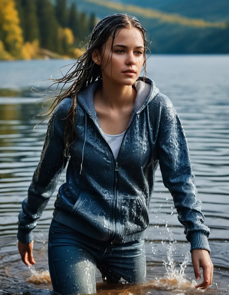 photo of young woman, in soaking wet, drenched clothes,
sneekers, jeans, sweater, lake, 
enjoying, wet clothes stuck to body,
detailed textures of the wet clothes, wet face, wet plastered hair,
wet, drenched, professional, high-quality details, full body view.
sharp focus, ultra-high pixel detail, realistic, high-quality, full colors, incredibly detailed, 4k, 8k, 16k, hyper-realistic, RAW photo, masterpiece, ultra-detailed, professionally color graded, professional photograph