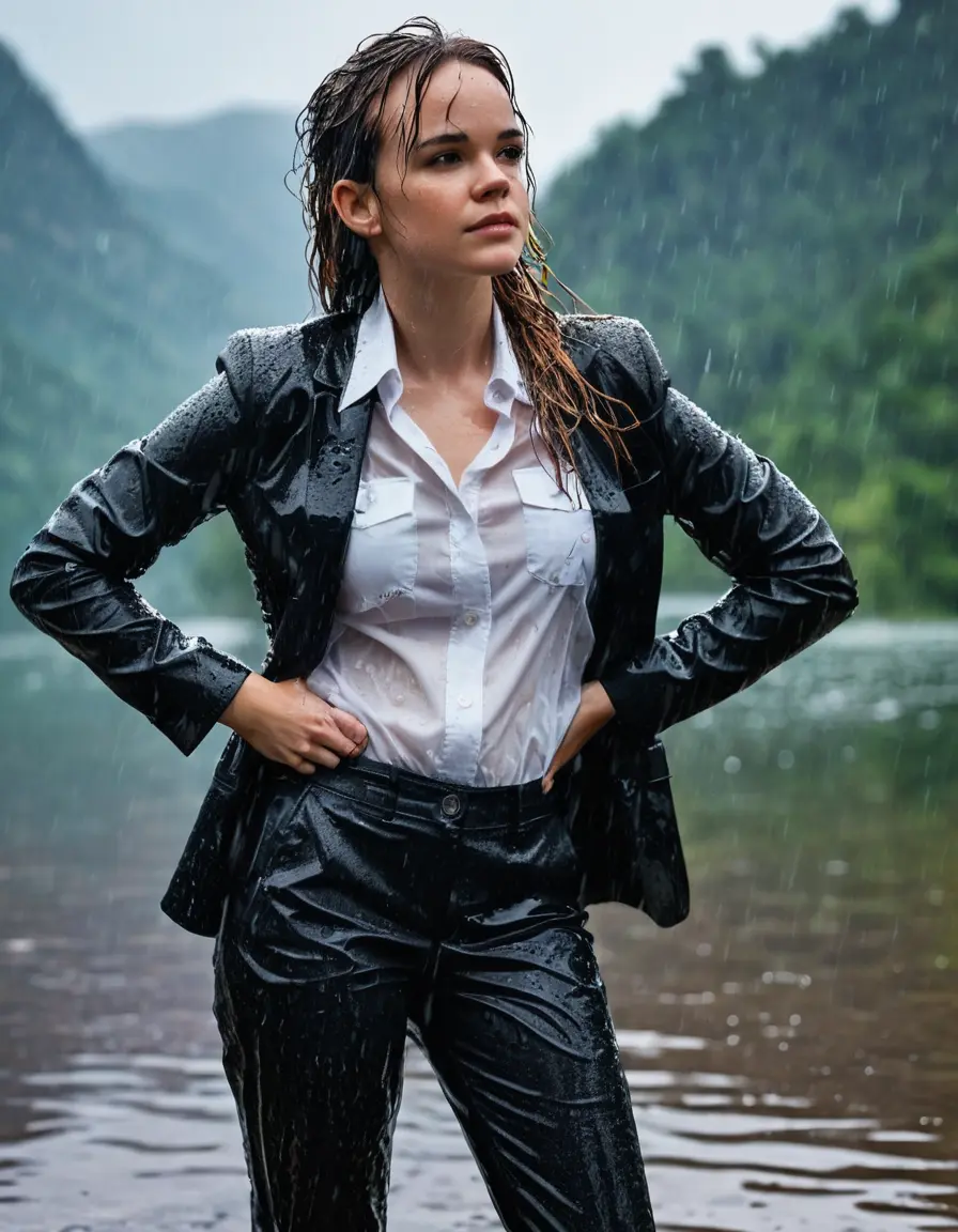 photo of young woman, in soaking wet, drenched clothes,
Black Business Trouser, Black Business Suit Jacket with white button down long sleeve business Shirt, Clear deep Mountain Lake, heavy rain, 
enjoying, wet clothes stuck to body,
detailed textures of the wet clothes, wet face, wet plastered hair,
wet, drenched, professional, high-quality details, full body view.
sharp focus, ultra-high pixel detail, realistic, high-quality, full colors, incredibly detailed, 4k, 8k, 16k, hyper-realistic, RAW photo, masterpiece, ultra-detailed, professionally color graded, professional photograph, Danielle Panabaker, completely soaked, fully drenched, completely wet, wetlook, heavy rain, side parting, open hair, long hair, rain storm
