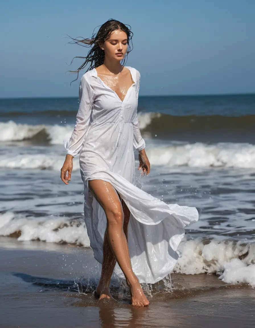 photo of young woman, in soaking wet, drenched clothes,
heels, white coton dress to the ground, white dress, beach, 
enjoying, wet clothes stuck to body,
detailed textures of the wet clothes, wet face, wet plastered hair,
wet, drenched, professional, high-quality details, full body view.
sharp focus, ultra-high pixel detail, realistic, high-quality, full colors, incredibly detailed, 4k, 8k, 16k, hyper-realistic, RAW photo, masterpiece, ultra-detailed, professionally color graded, professional photograph, Standing, clinching, no split, from the back head turnen to me, seethrough
